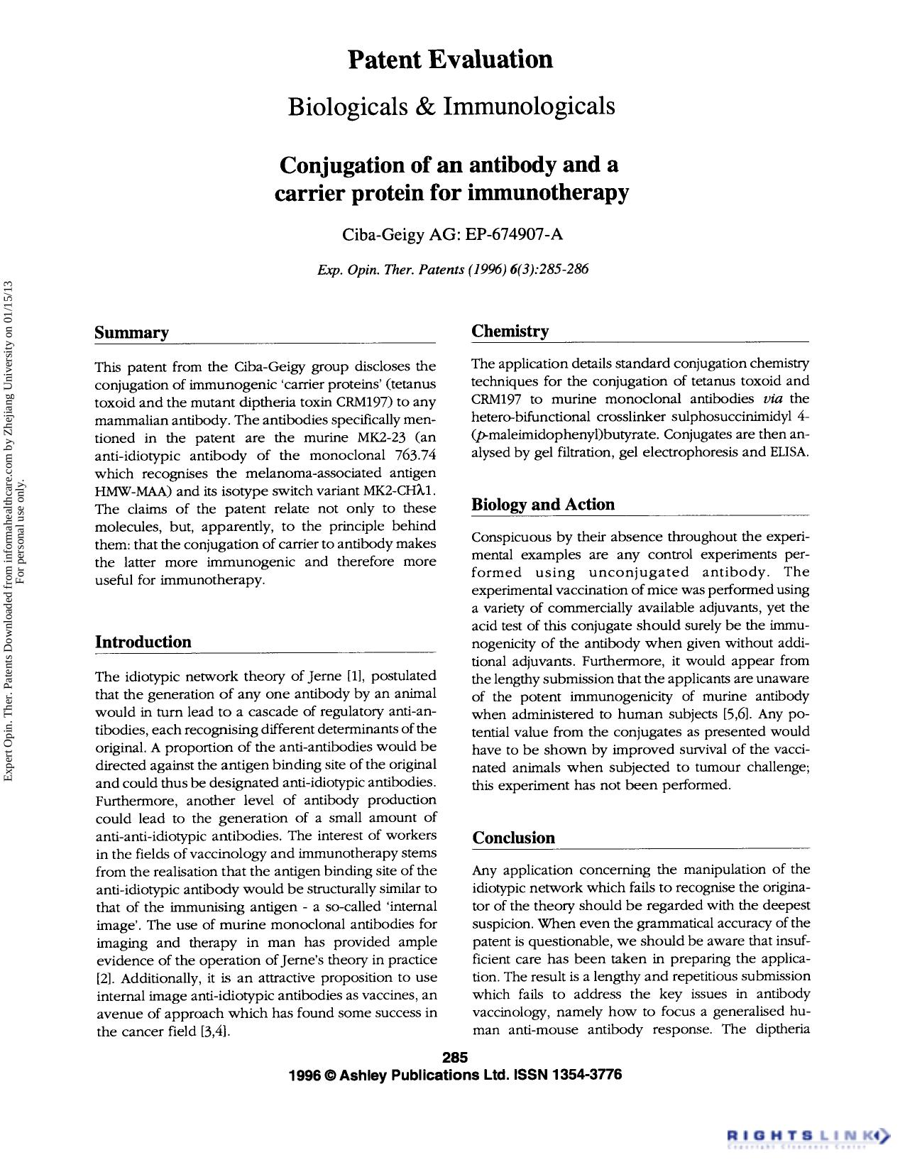Patent Evaluation Biologicals & Immunologicals: Conjugation of an antibody and a carrier protein for immunotherapy by Unknown