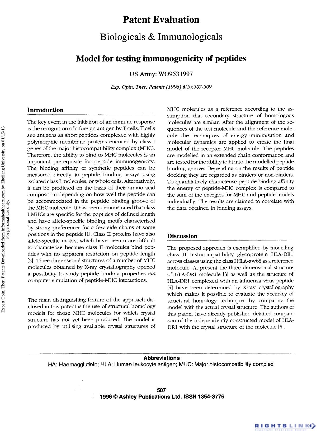 Patent Evaluation Biologicals & Immunologicals: Model for testing immunogenicity of peptides by Unknown