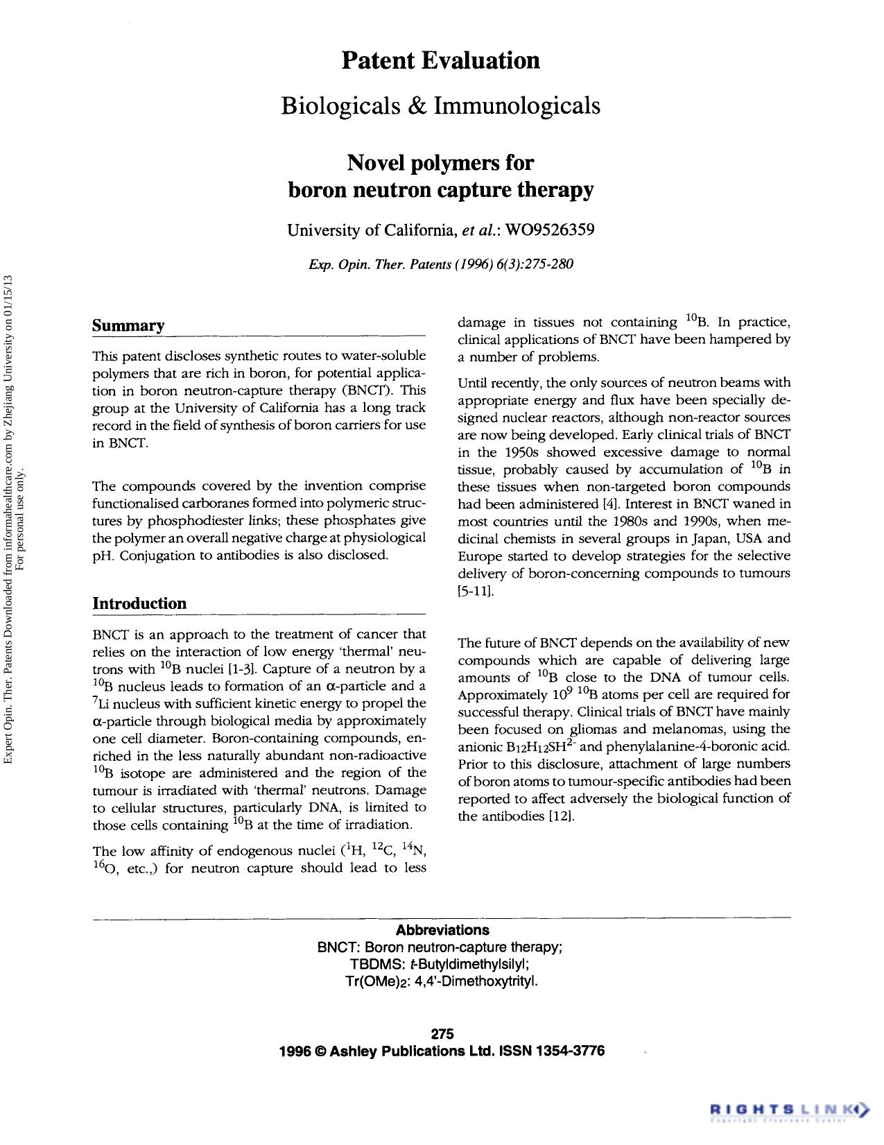 Patent Evaluation Biologicals & Immunologicals: Novel polymers for boron neutron capture therapy by Unknown