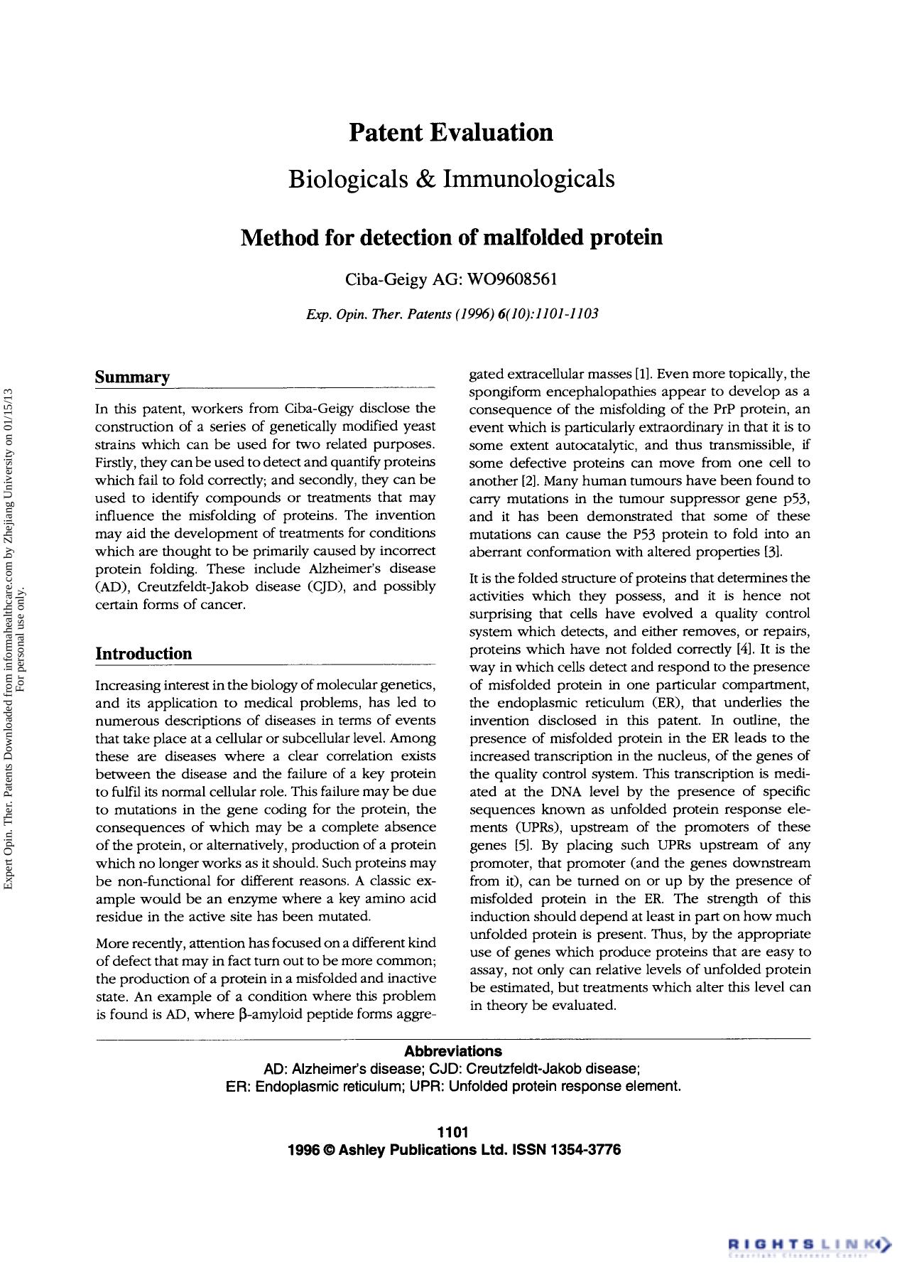 Patent Evaluation Biologicals & Irnmunologicals: Method for detection of malfolded protein by Unknown