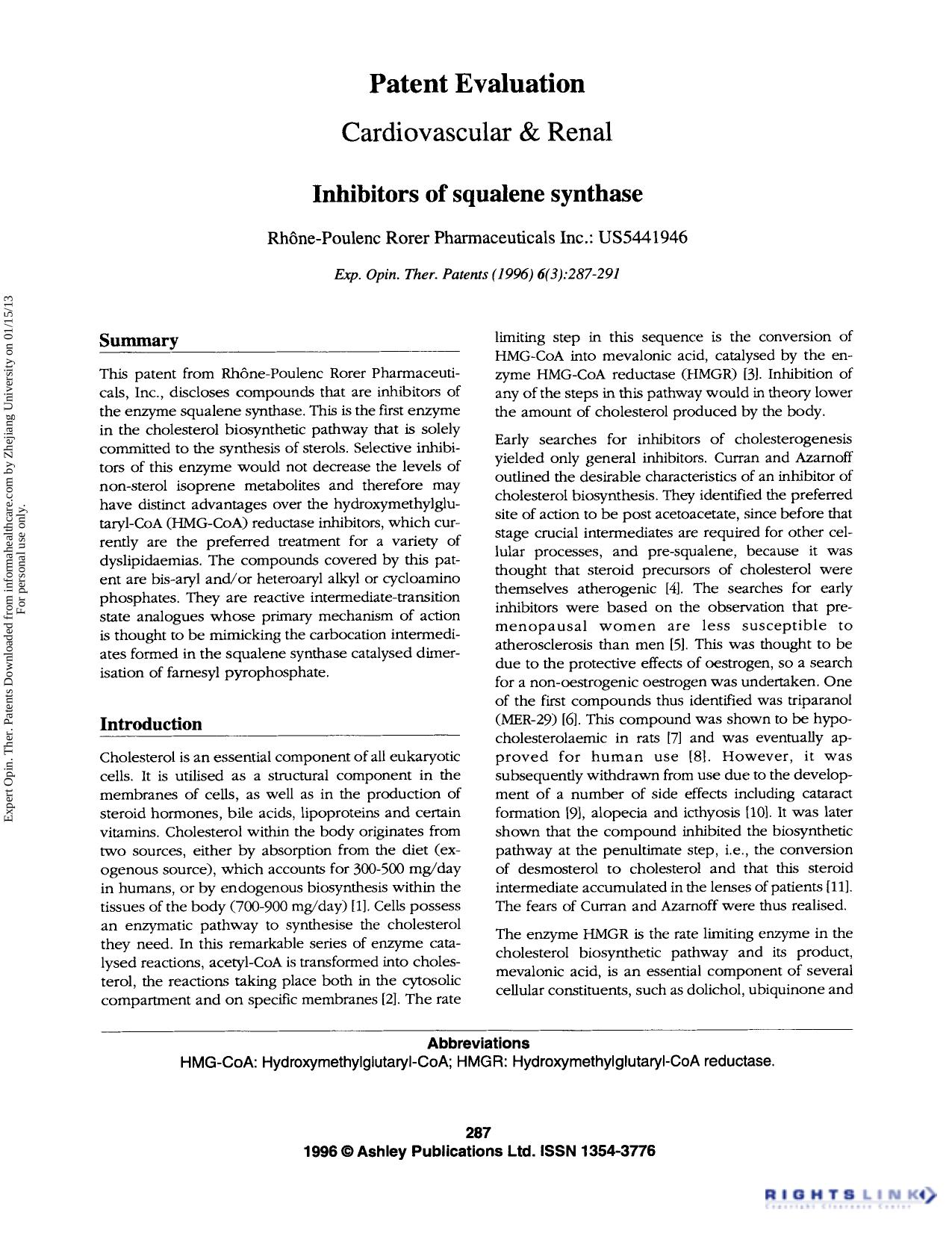 Patent Evaluation Cardiovascular & Renal: Inhibitors of squalene synthase by Unknown