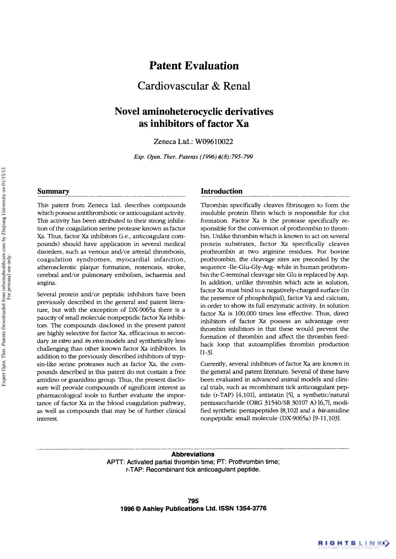 Patent Evaluation Cardiovascular & Renal: Novel aminoheterocyclic derivatives as inhibitors of factor Xa by Unknown