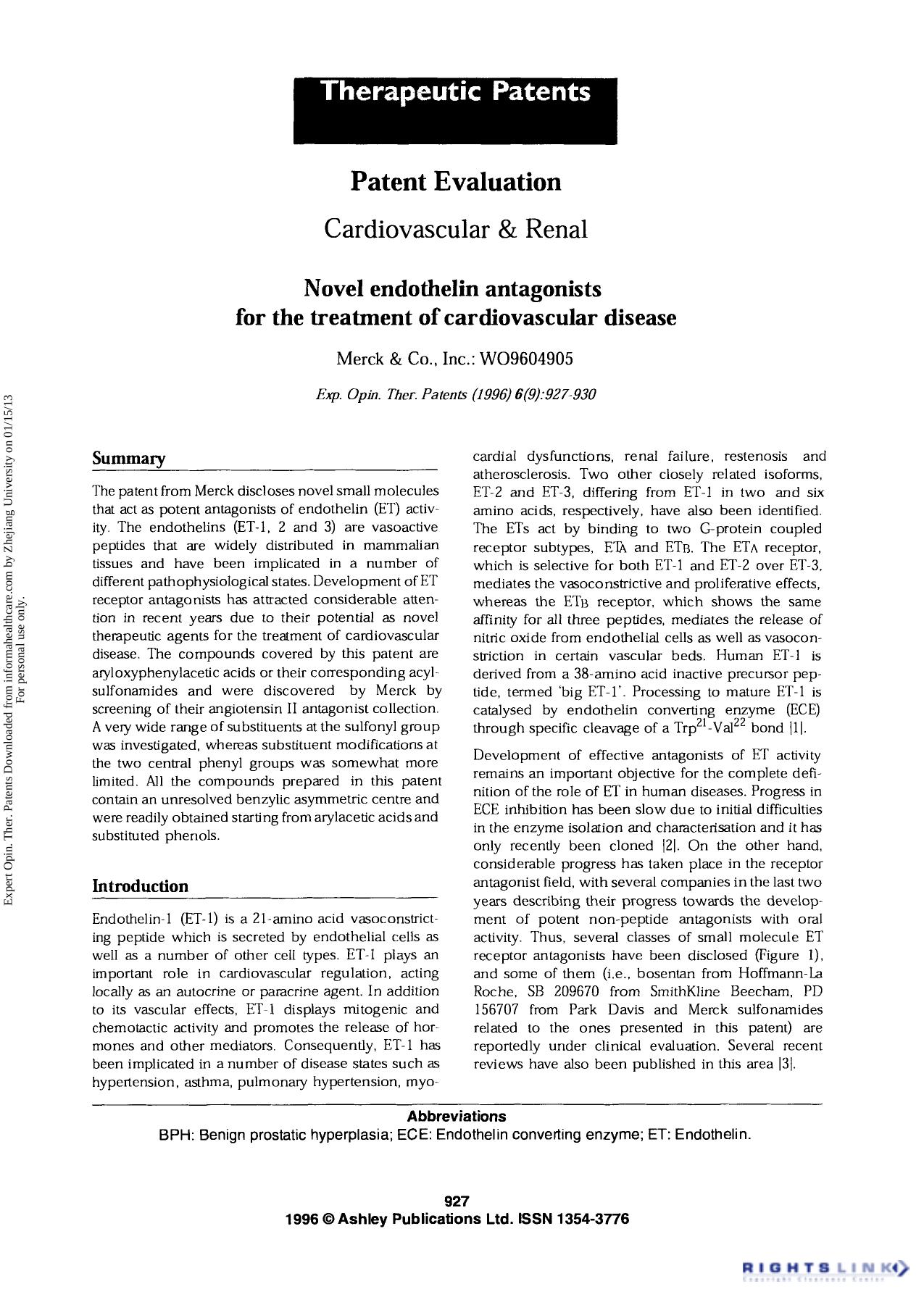 Patent Evaluation Cardiovascular & Renal: Novel endothelin antagonists for the treatment of cardiovascular disease by Unknown