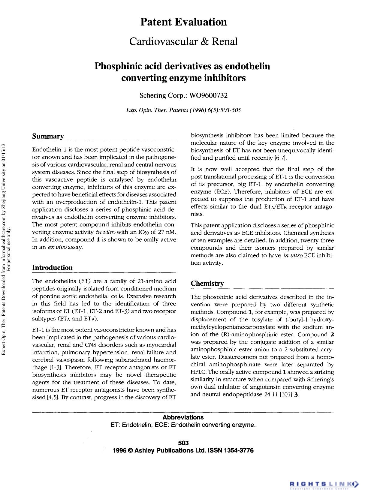 Patent Evaluation Cardiovascular & Renal: Phosphinic acid derivatives as endothelin converting enzyme inhibitors by Unknown