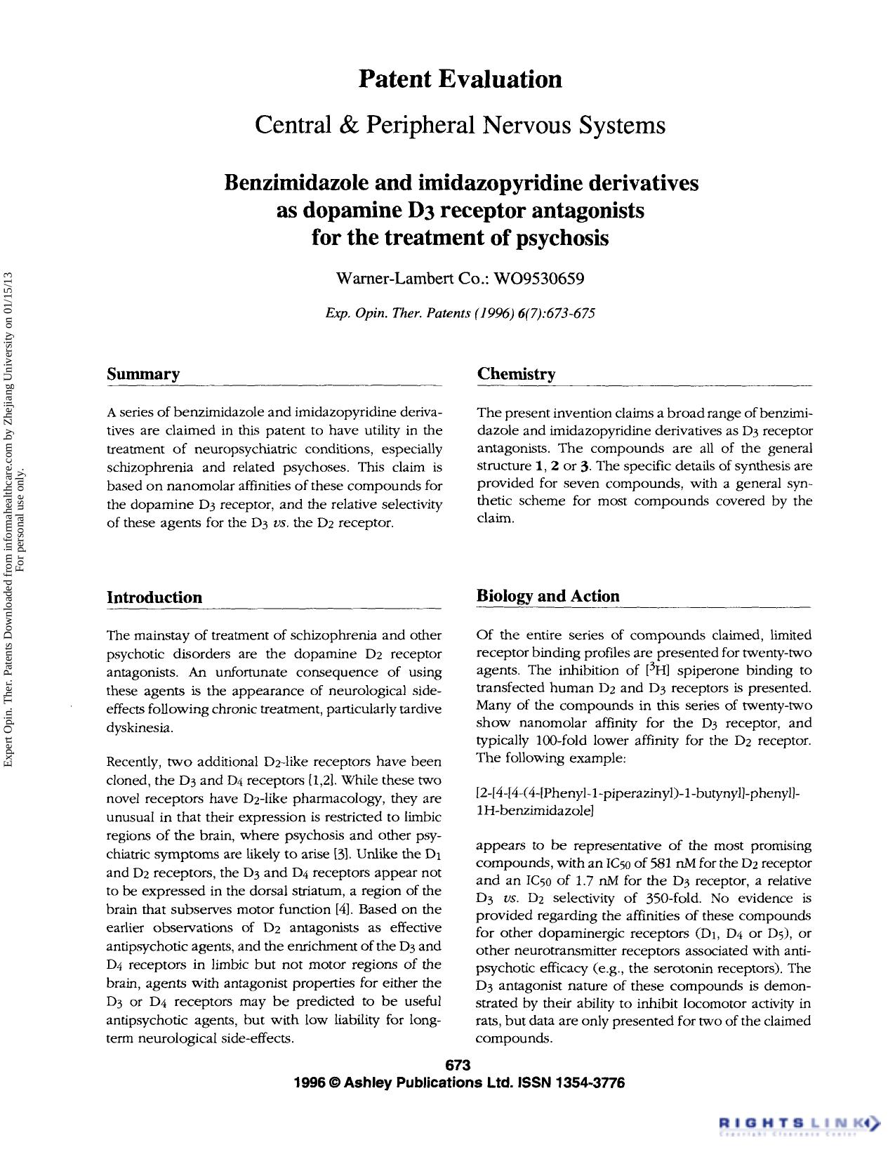 Patent Evaluation Central & Peripheral Nervous Systems: Benzimidazole and imidazopyridine derivatives as dopamine D3 receptor antagonists for the treatment of psychosis by Unknown