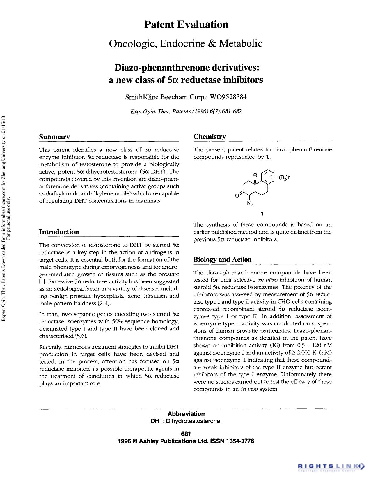 Patent Evaluation Oncologic, Endocrine & Metabolic: Diazo-phenanthrenone derivatives: a new class of 5′ reductase inhibitors by Unknown