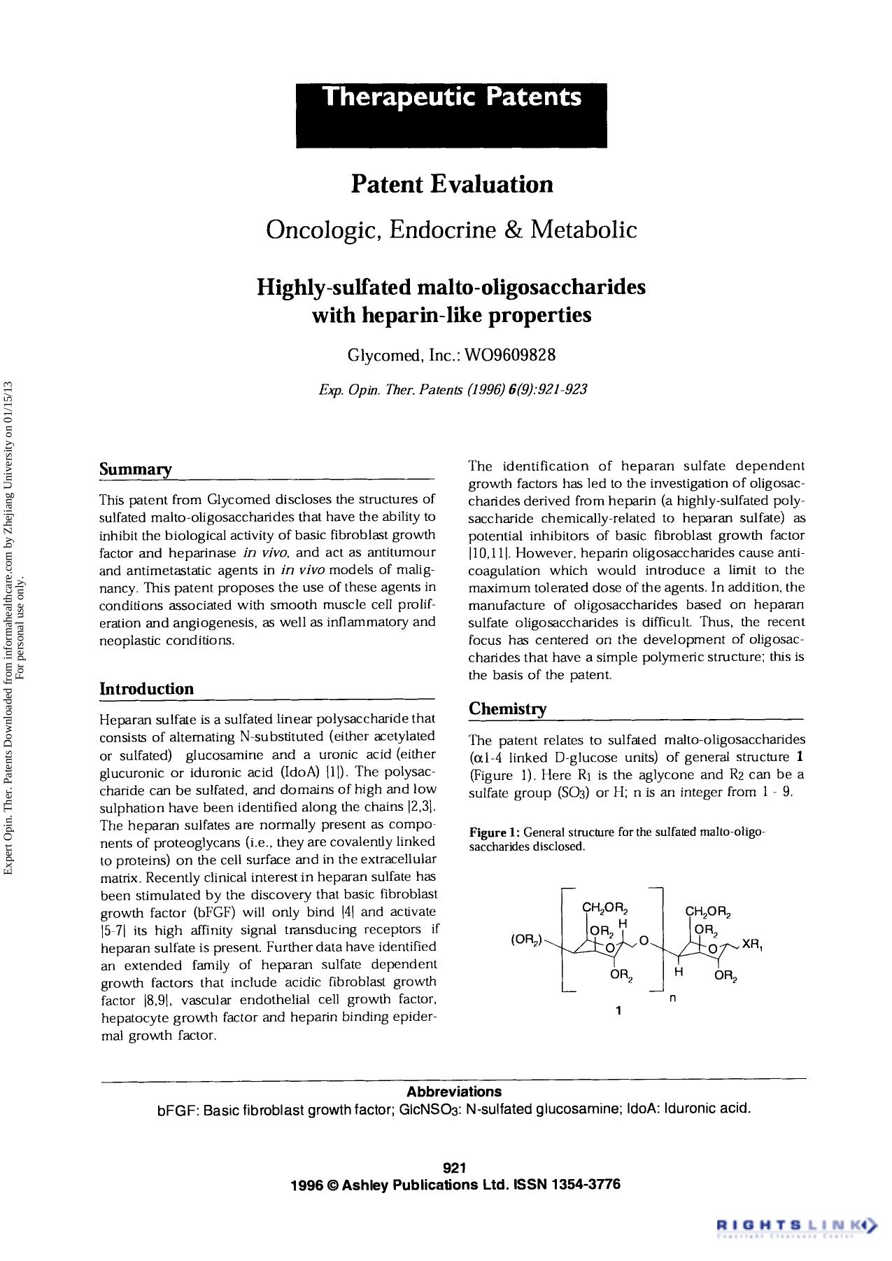 Patent Evaluation Oncologic, Endocrine & Metabolic: Highly-sulfated malto-oligosaccharides with heparin-like properties by Unknown