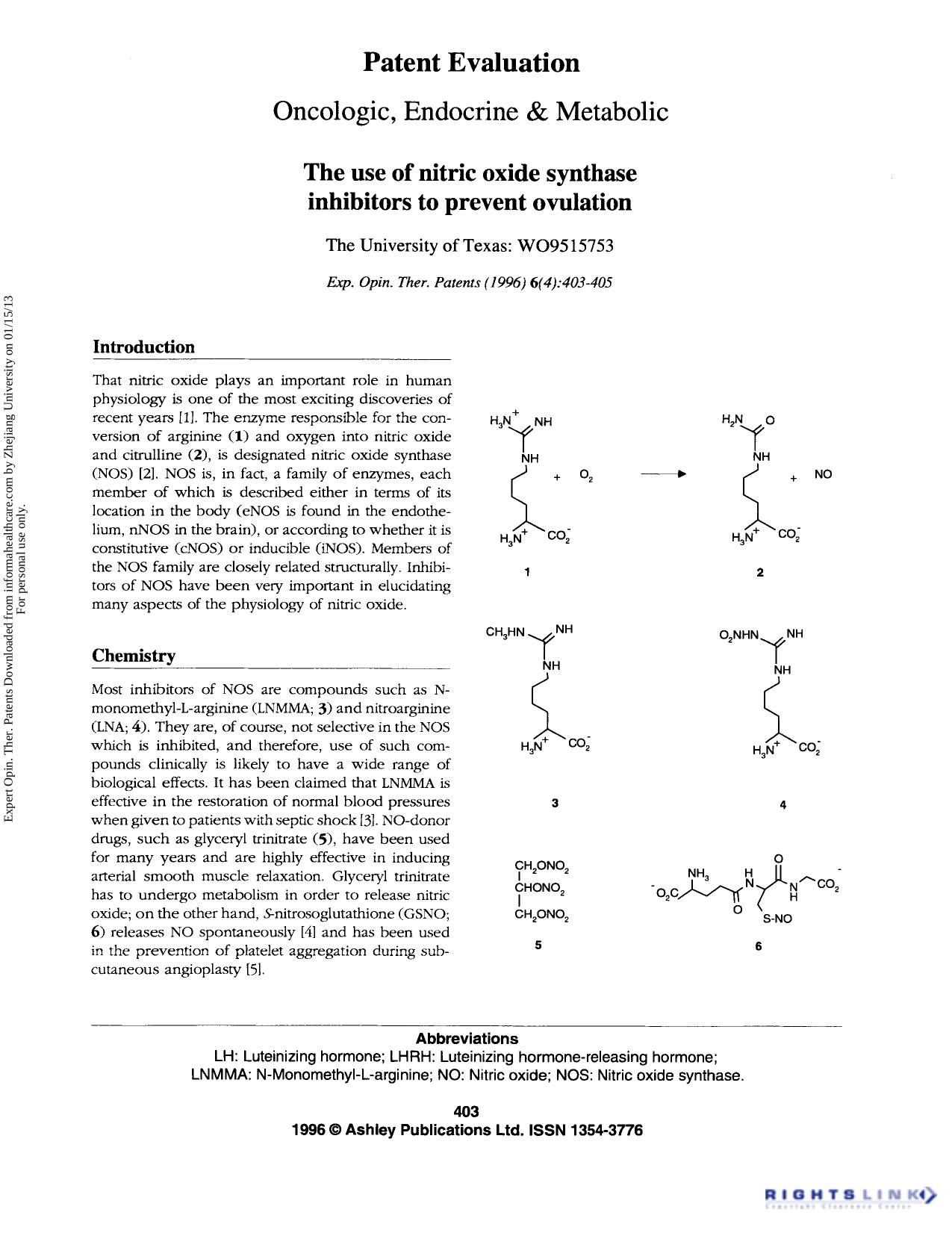 Patent Evaluation Oncologic, Endocrine & Metabolic: The use of nitric oxide synthase inhibitors to prevent ovulation by Unknown