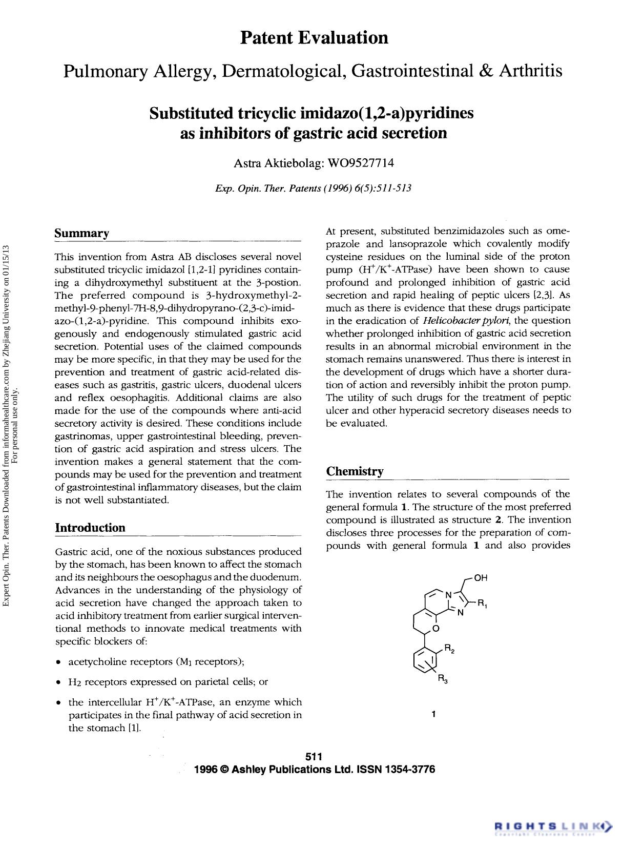 Patent Evaluation Pulmonary Allergy, Dermatological, Gastrointestinal & Arthritis: Substituted tricyclic imidazo(1,2-a)pyridines as inhibitors of gastric acid secretion by Unknown