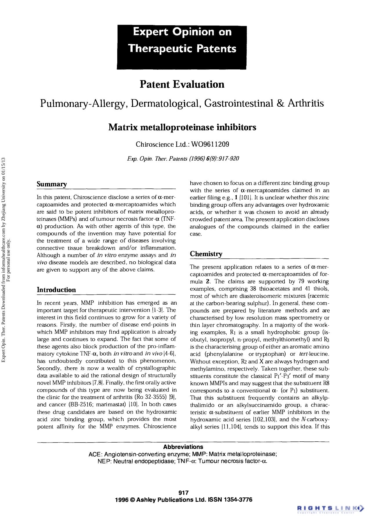 Patent Evaluation Pulmonary- Allergy, Dermatological, Gastrointestinal & Arthritis: Matrix metalloproteinase inhibitors by Unknown