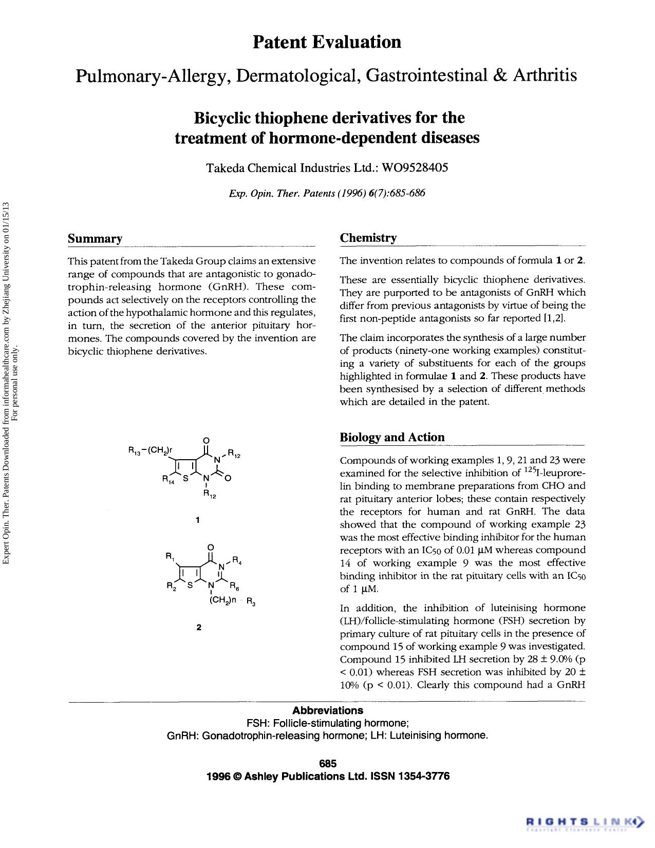 Patent Evaluation Pulmonary-Allergy, Dermatological, Gastrointestinal & Arthritis: Bicyclic thiophene derivatives for the treatment of hormone-dependent diseases by Unknown