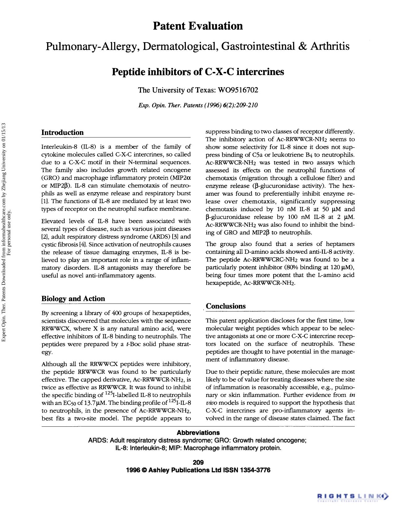 Patent Evaluation Pulmonary-Allergy, Dermatological, Gastrointestinal & Arthritis: Peptide inhibitors of C-X-C intercrines by Unknown
