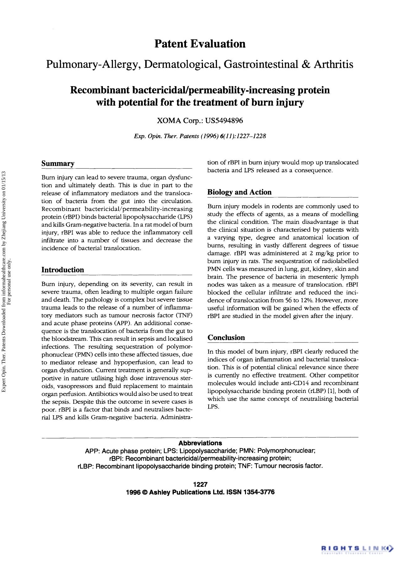 Patent Evaluation Pulmonary-Allergy, Dermatological, Gastrointestinal & Arthritis: Recombinant bactericidalpermeability-increasing protein with potential for the treatment of burn injury by Unknown