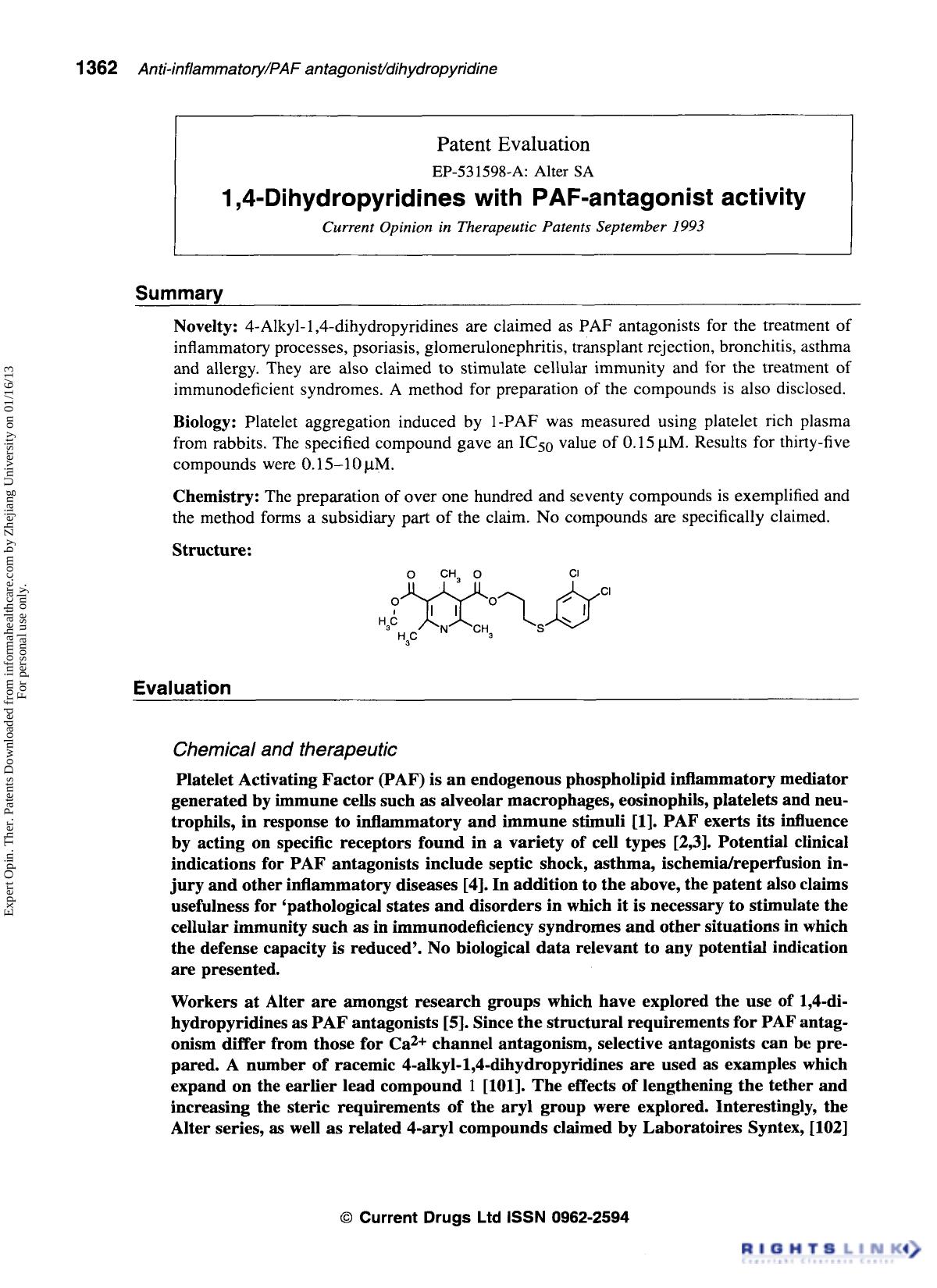 Patent Evaluation: 1,4-Dihydropyridines with PAF-antagonist activity by Unknown