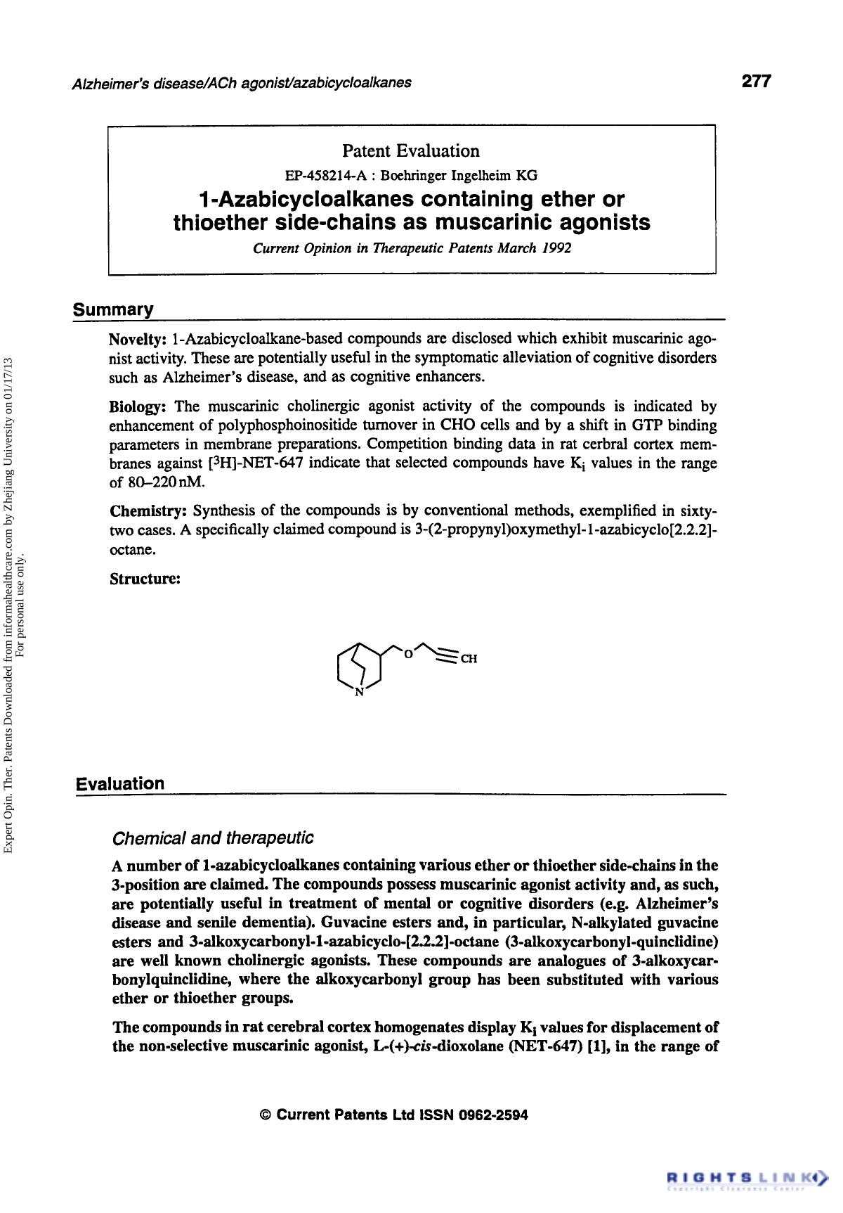 Patent Evaluation: 1-Azabicycloalkanes containing ether or thioether side-chains as muscarinic agonists by Unknown