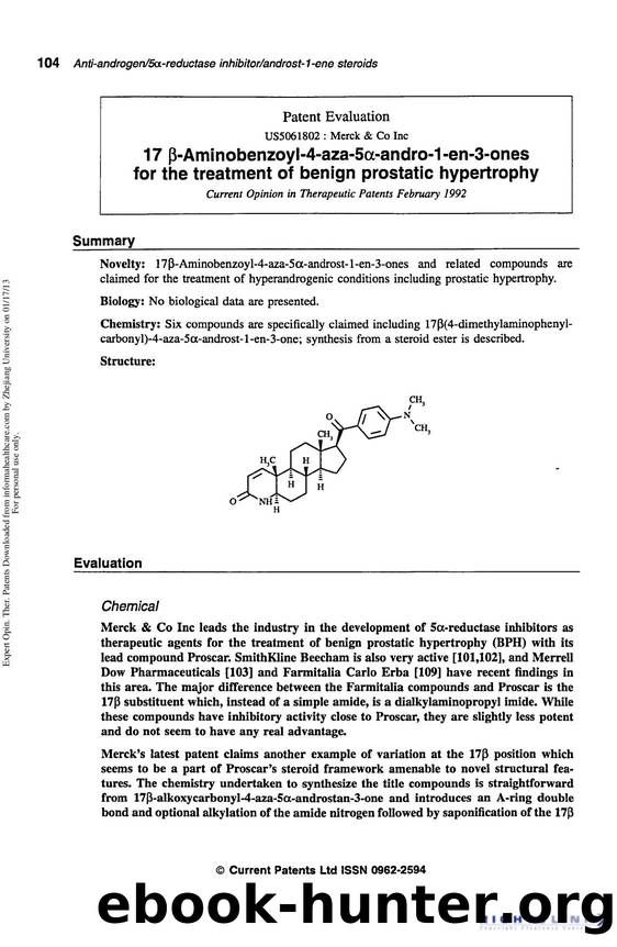 Patent Evaluation: 17 Î²-Aminobenzoyl-4-aza-5Î±-andro-1-en-3-ones for the treatment of benign prostatic hypertrophy by Unknown