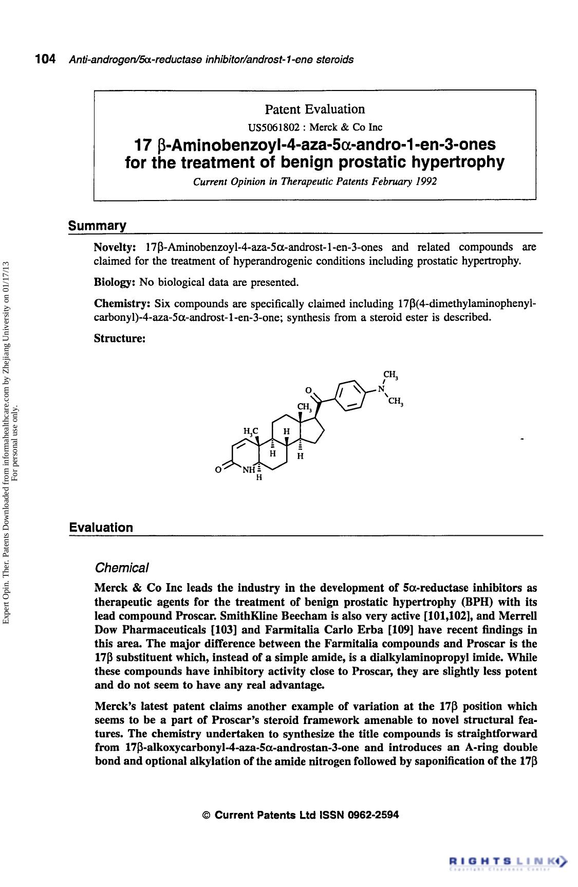 Patent Evaluation: 17 β-Aminobenzoyl-4-aza-5α-andro-1-en-3-ones for the treatment of benign prostatic hypertrophy by Unknown