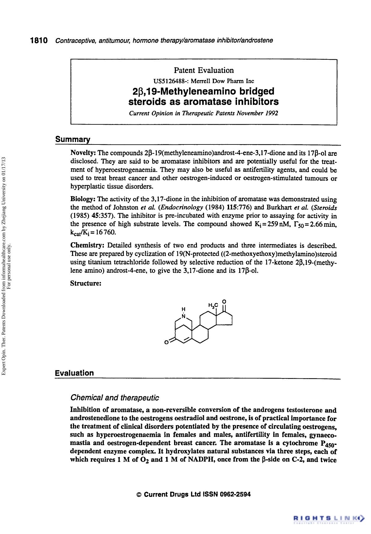 Patent Evaluation: 2β,19-Methyleneamino Bridged Steroids as Aromatase Inhibitors by Unknown