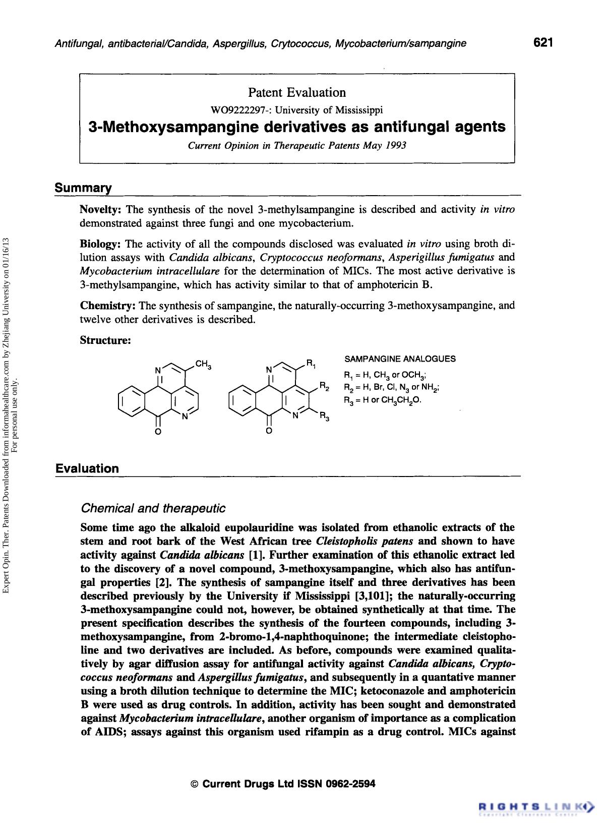 Patent Evaluation: 3-Methoxysampangine derivatives as antifungal agents by Unknown