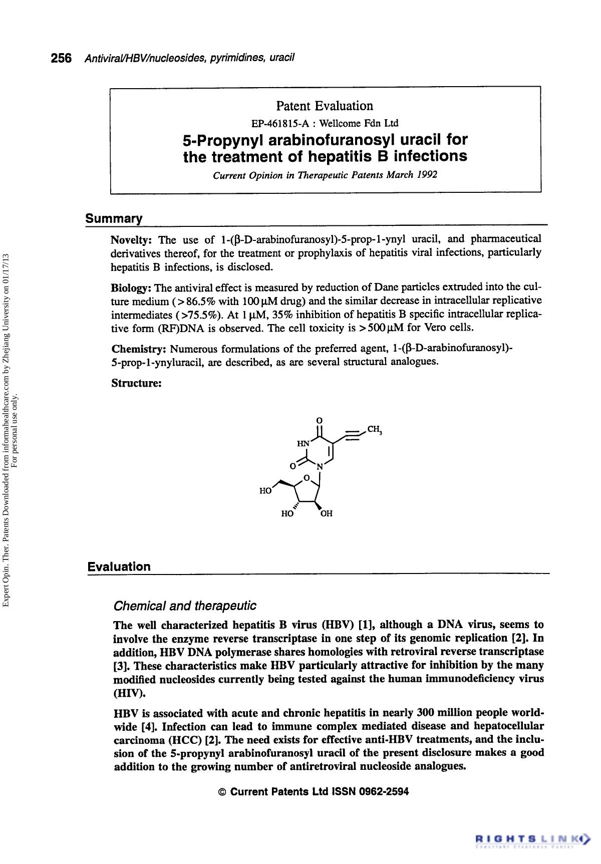 Patent Evaluation: 5-Propynyl arabinofuranosyl uracil for the treatment of hepatitis B infections by Unknown