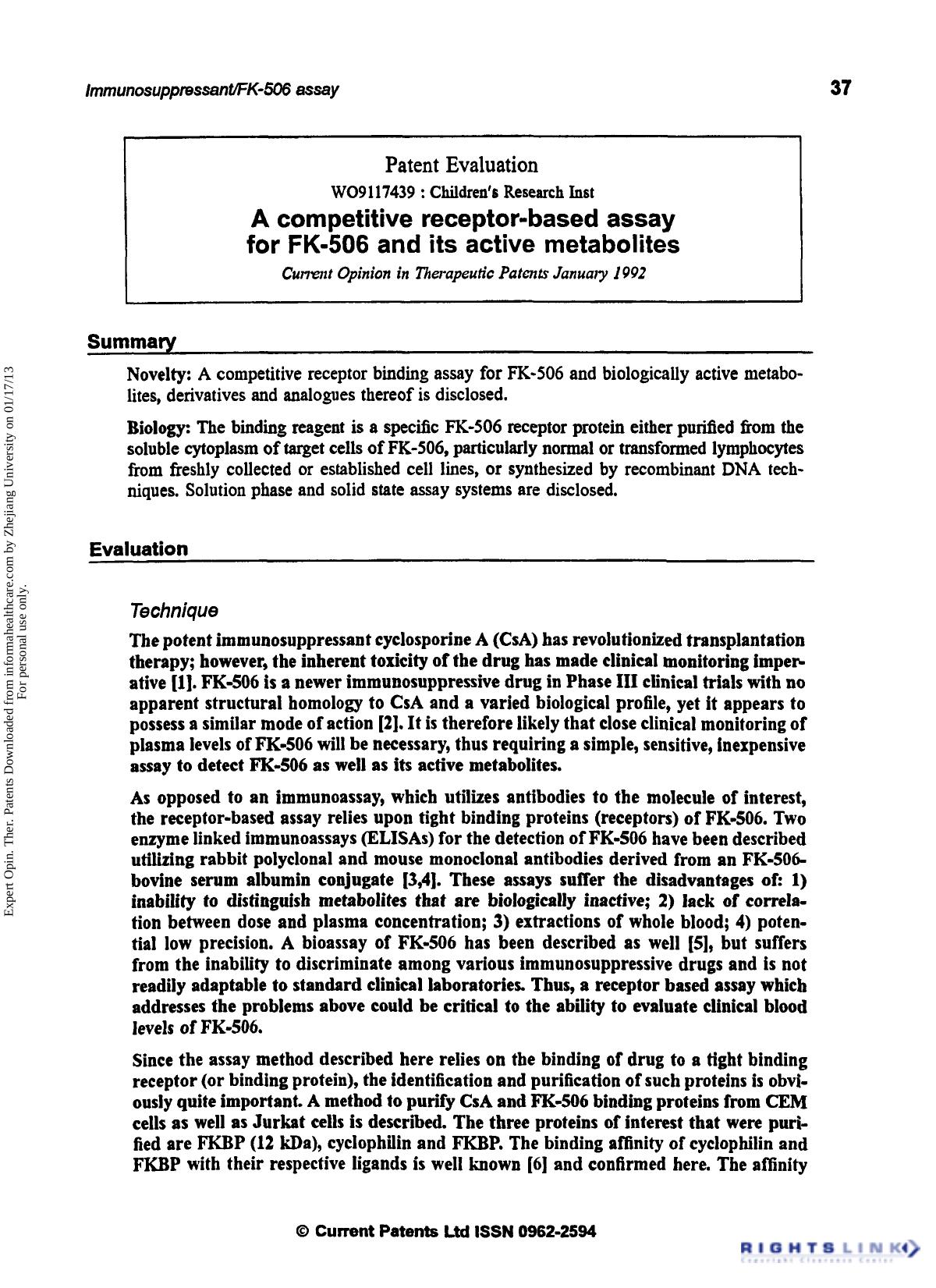 Patent Evaluation: A Competitive Receptor-Based Assay for FK-506 and its Active Metabolites by Unknown
