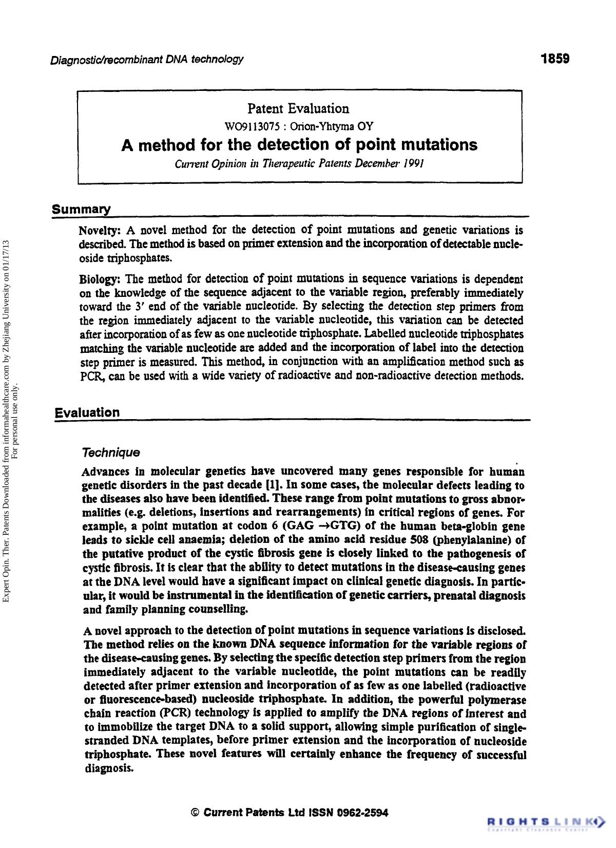 Patent Evaluation: A Method for the Detection of Point Mutations by Unknown