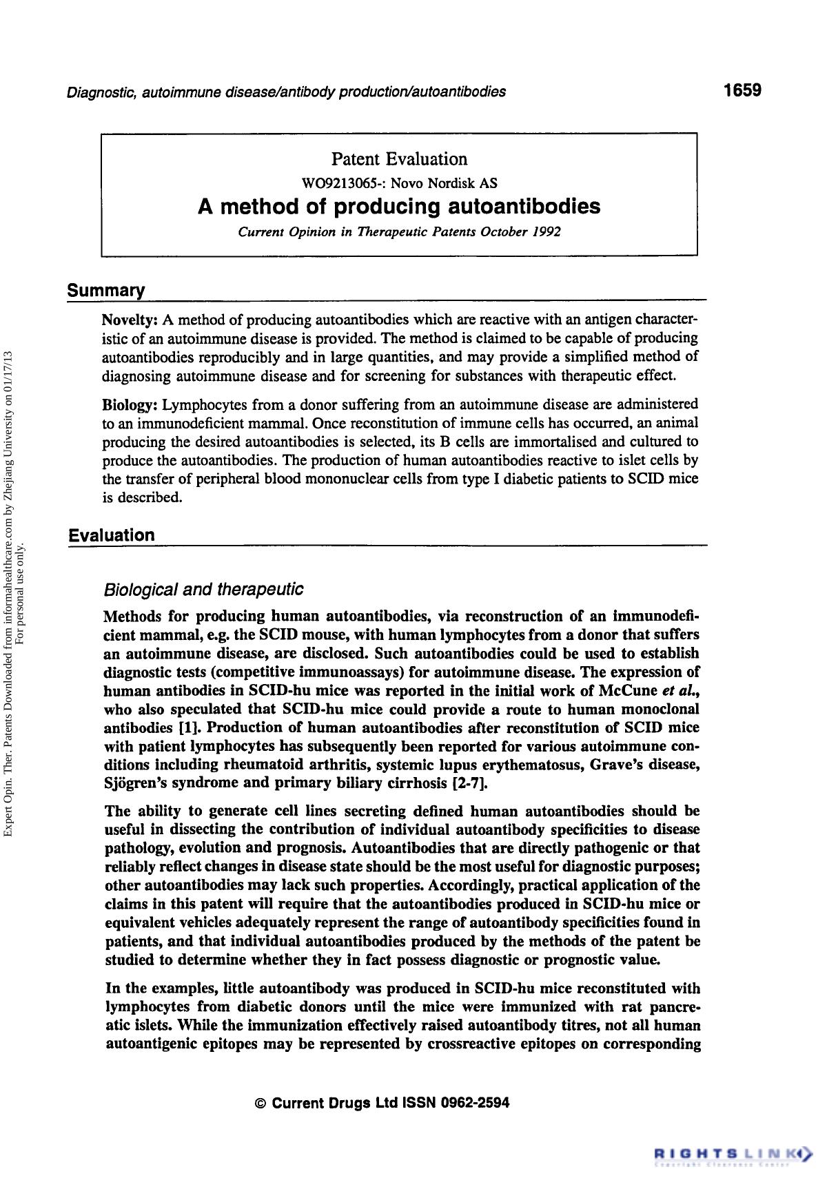 Patent Evaluation: A Method of Producing Autoantibodies by Unknown