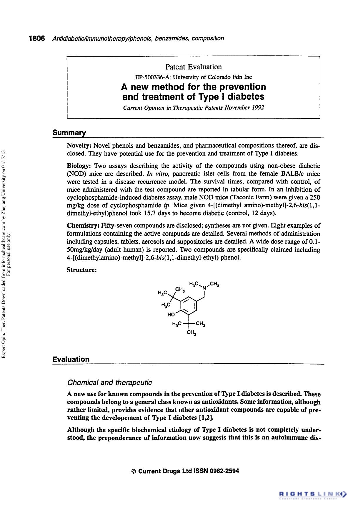 Patent Evaluation: A New Method for the Prevention and Treatment of Type I Diabetes by Unknown