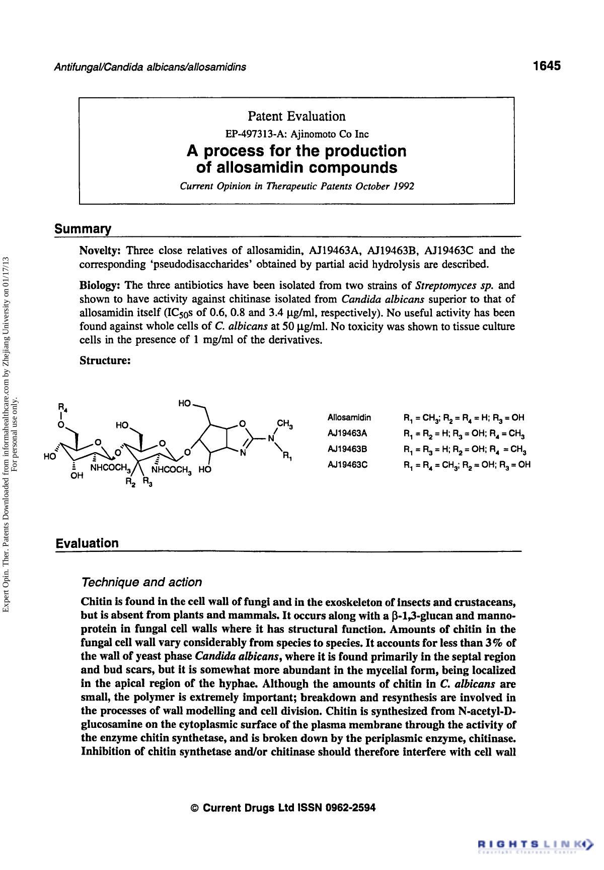 Patent Evaluation: A Process for the Production of Allosamidin Compounds by Unknown