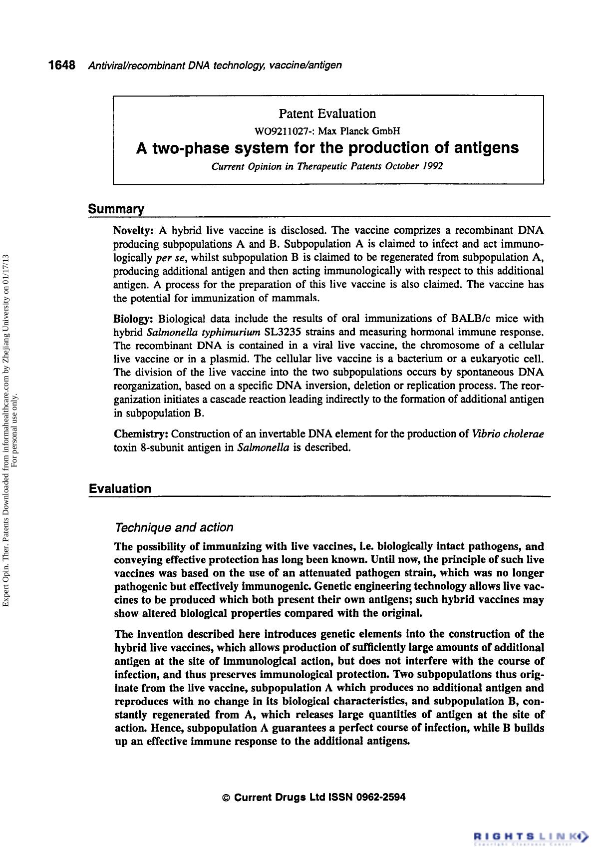 Patent Evaluation: A Two-Phase System for the Production of Antigens by Unknown
