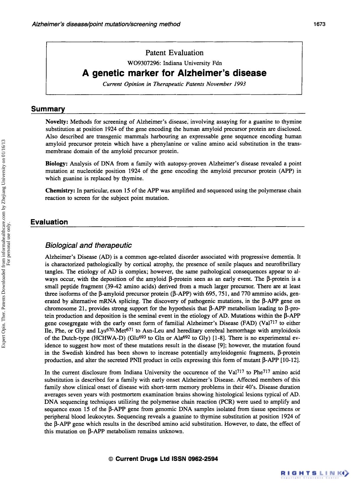 Patent Evaluation: A genetic marker for Alzheimer's disease by Unknown