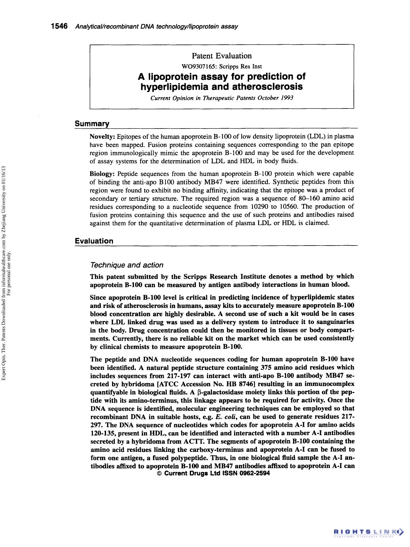 Patent Evaluation: A lipoprotein assay for prediction of hyperlipidemia and atherosclerosis by Unknown