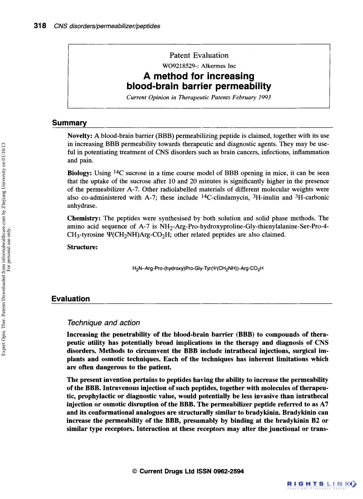 Patent Evaluation: A method for increasing blood-brain barrier permeability by Unknown