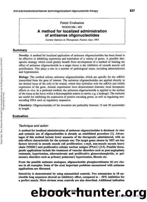 Patent Evaluation: A method for localized administration of antisense oligonucleotides by Unknown