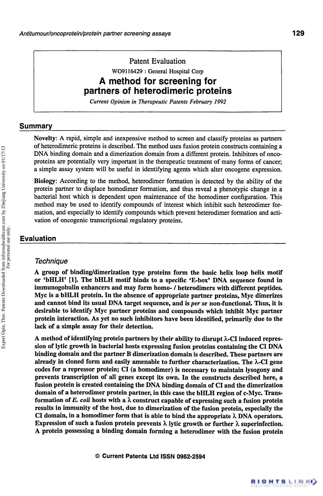 Patent Evaluation: A method for screening for partners of heterodimeric proteins by Unknown