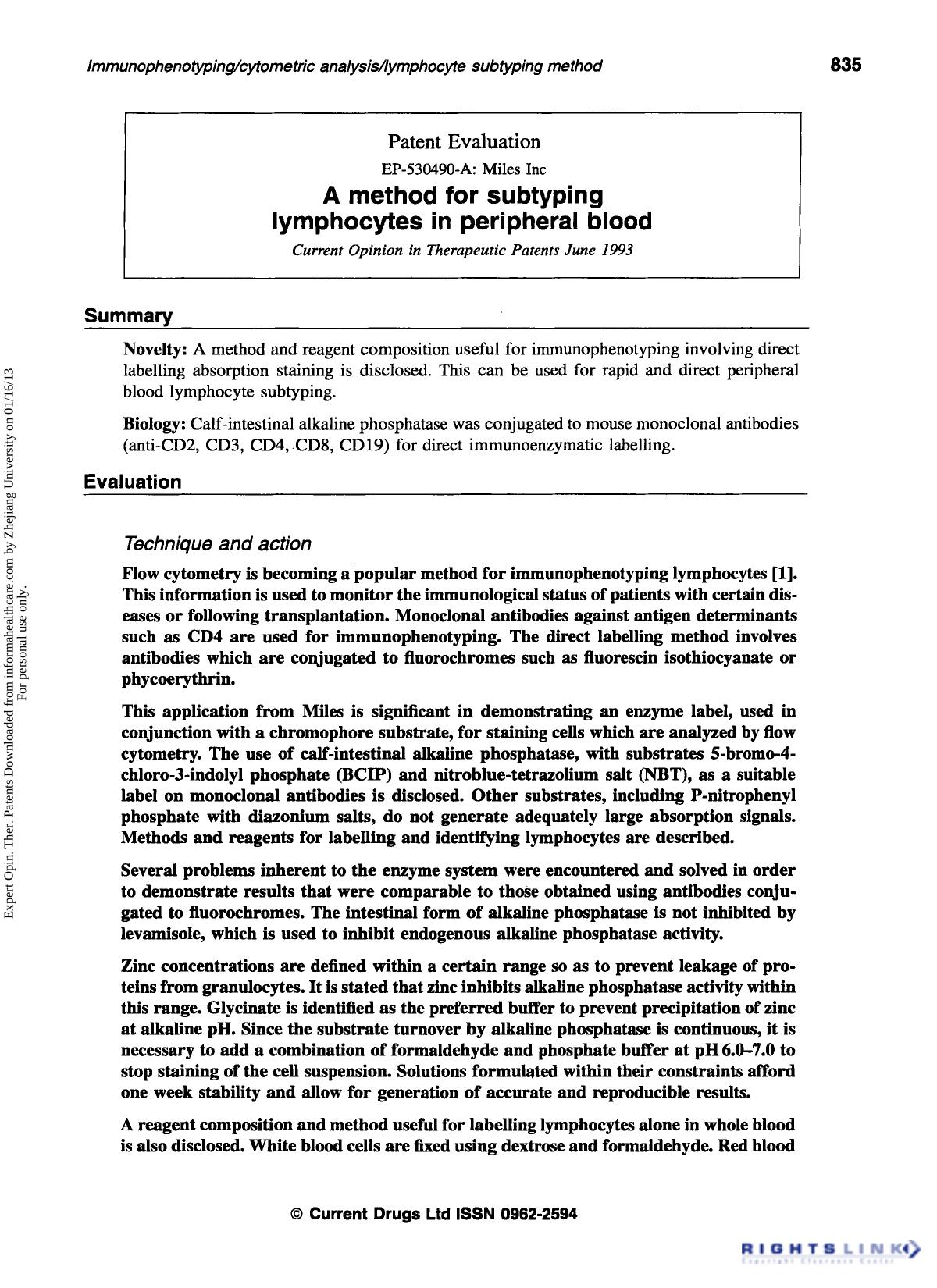 Patent Evaluation: A method for subtyping lymphocytes in peripheral blood by Unknown