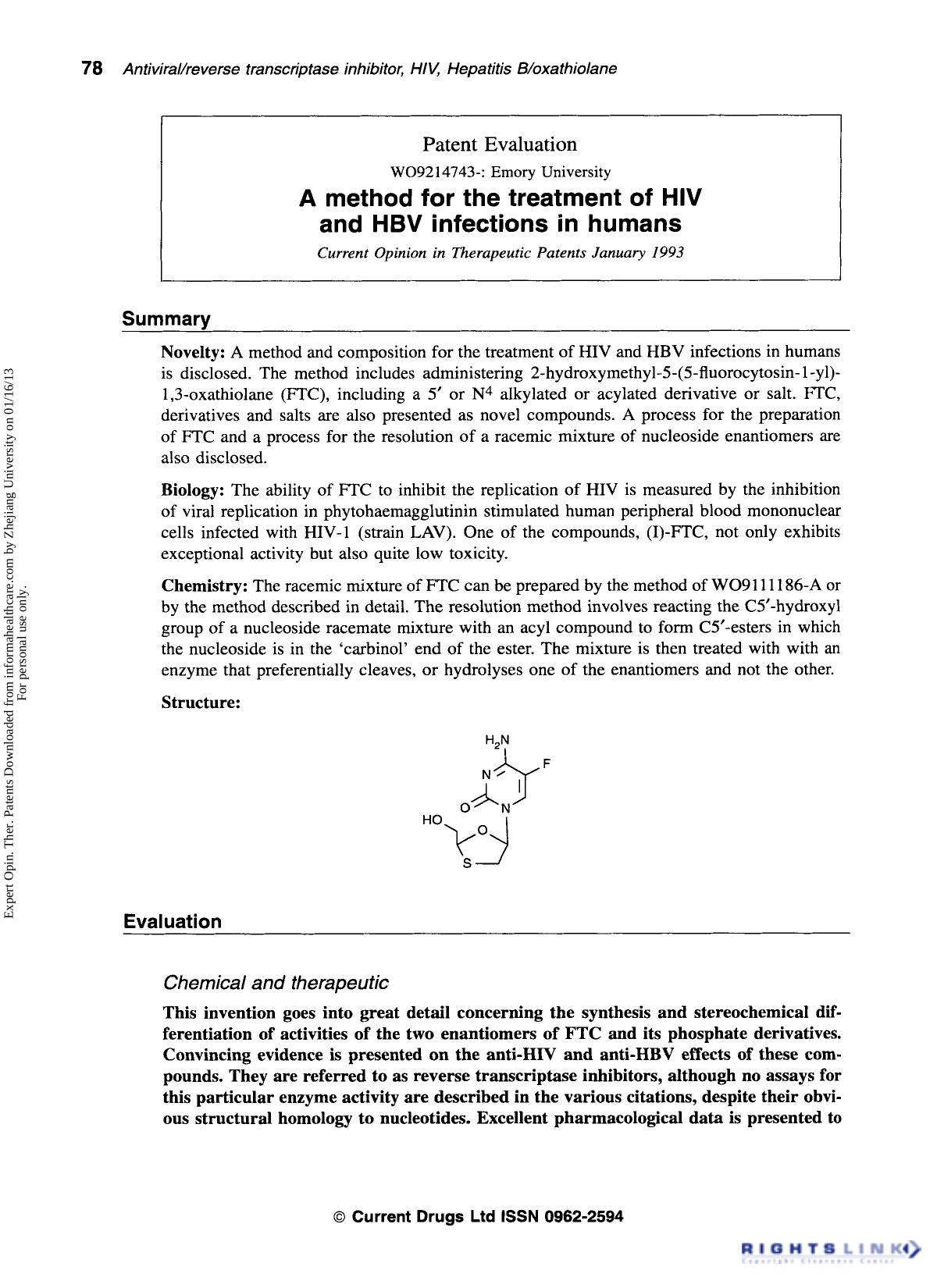 Patent Evaluation: A method for the treatment of HIV and HBV infections in humans by Unknown
