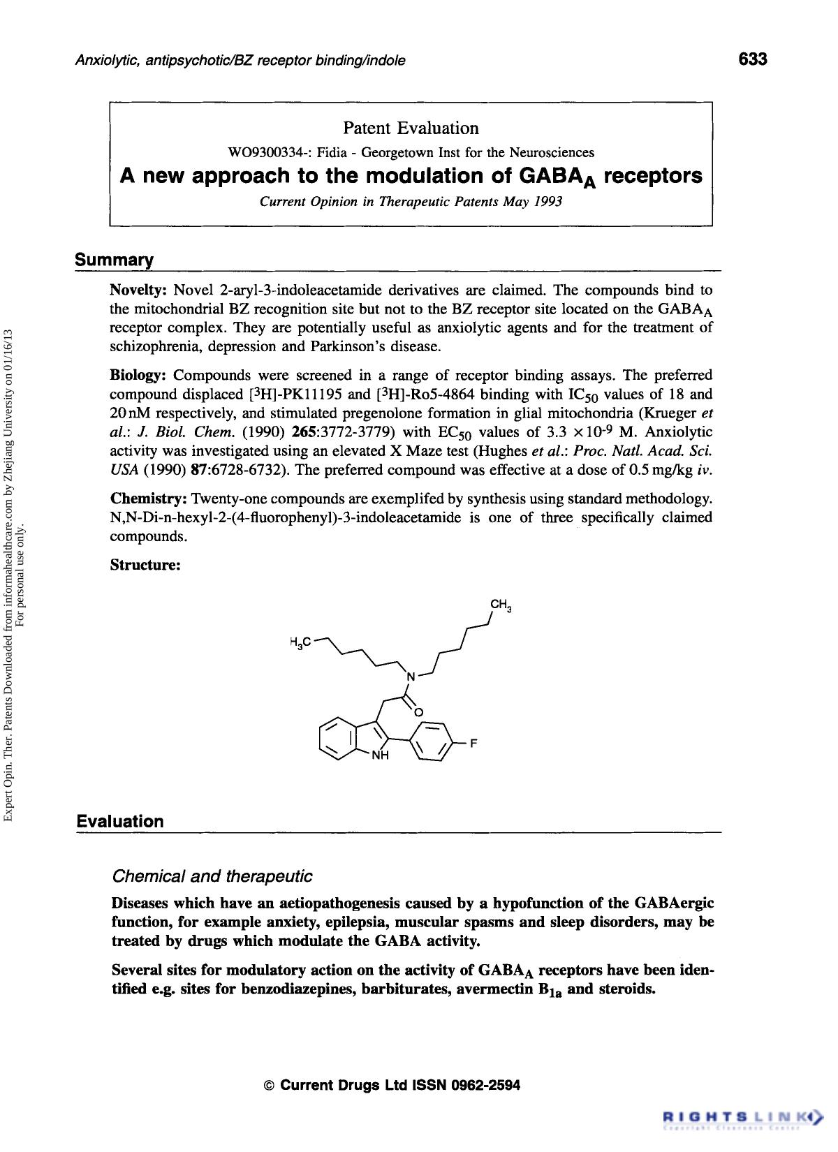 Patent Evaluation: A new approach to the modulation of GABAA receptors by Unknown