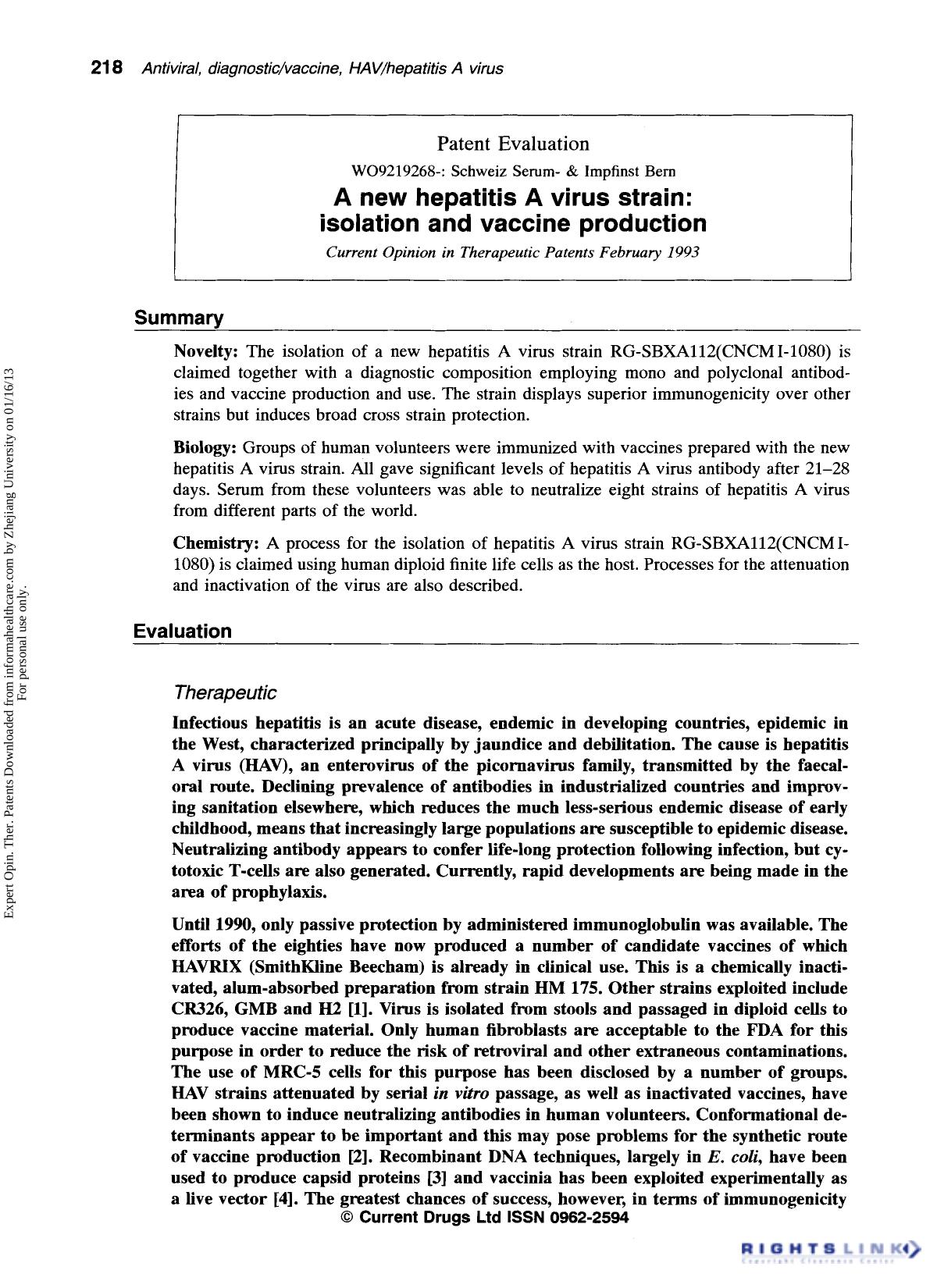Patent Evaluation: A new hepatitis A virus strain: isolation and vaccine production by Unknown