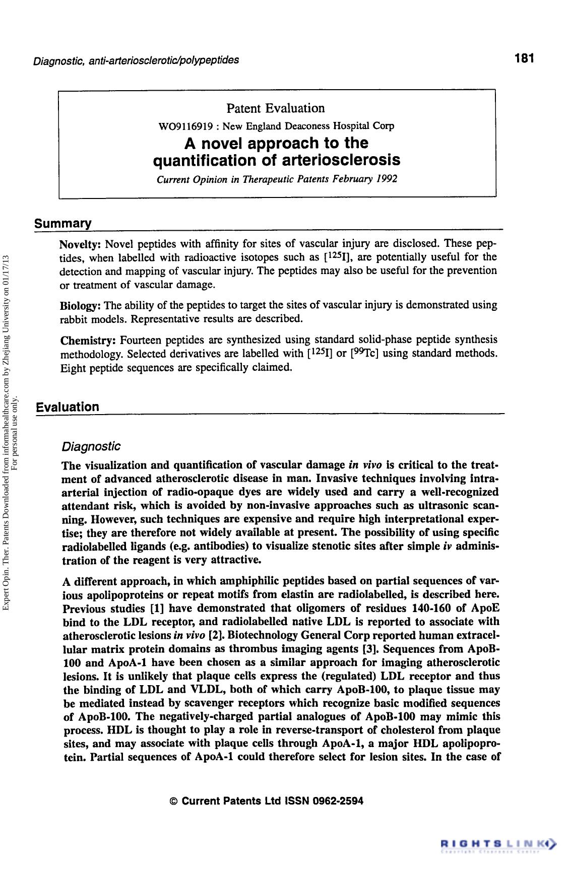 Patent Evaluation: A novel approach to the quantification of arteriosclerosis by Unknown