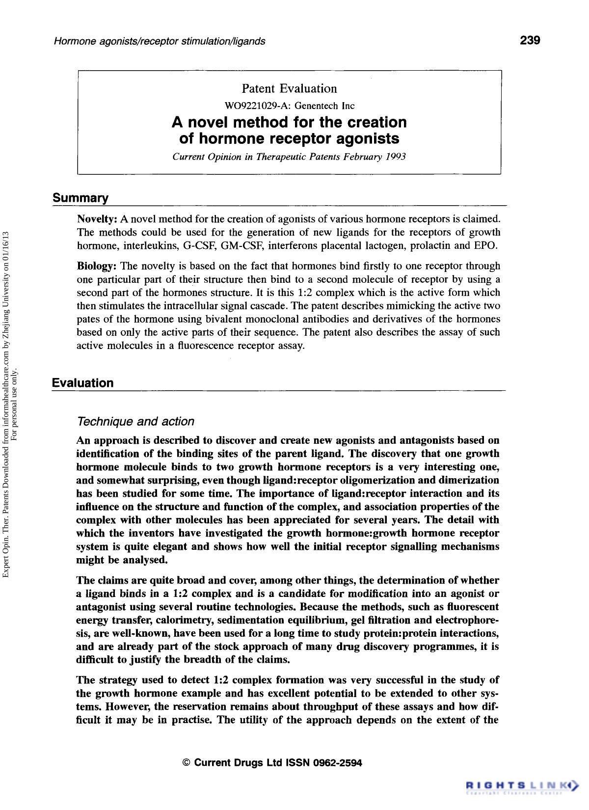 Patent Evaluation: A novel method for the creation of hormone receptor agonists by Unknown