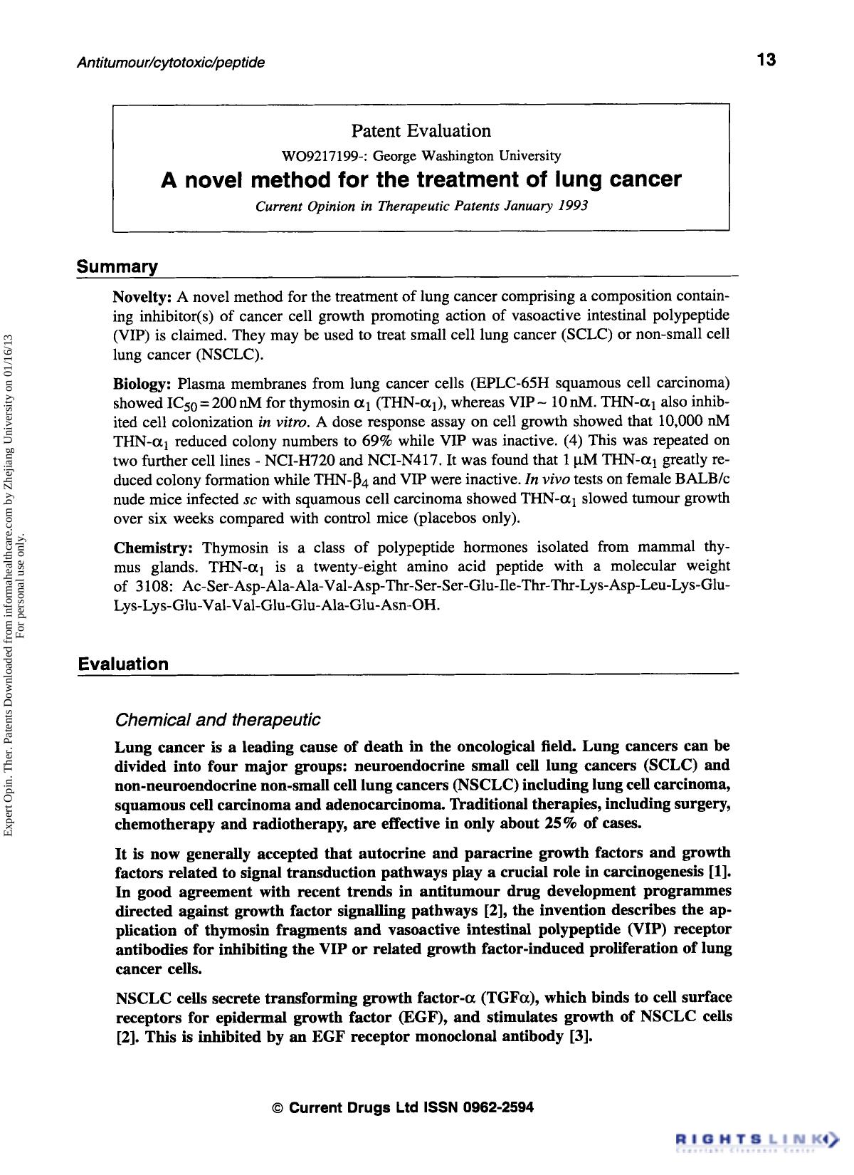 Patent Evaluation: A novel method for the treatment of lung cancer by Unknown