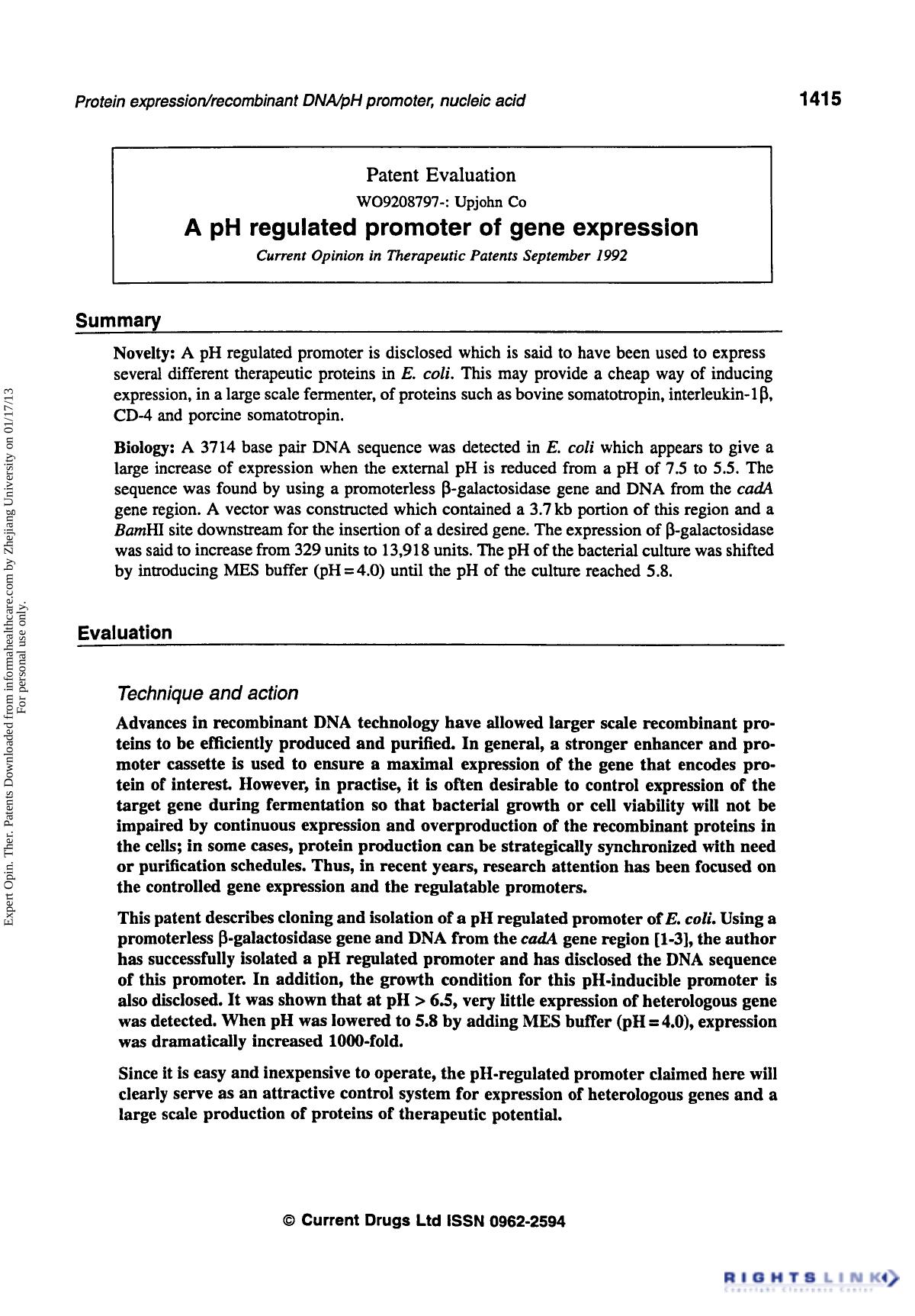 Patent Evaluation: A pH Regulated Promoter of Gene Expression by Unknown