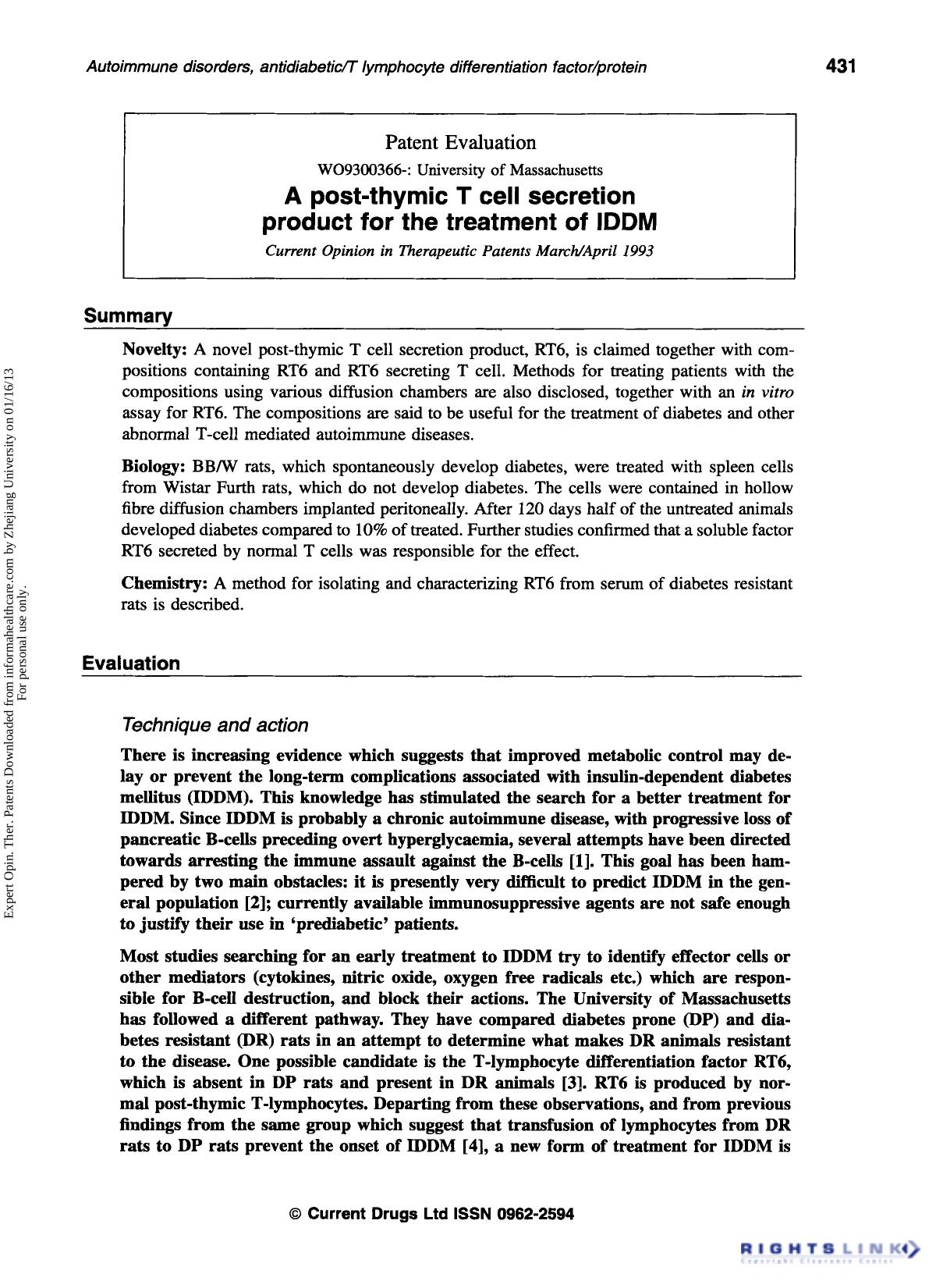 Patent Evaluation: A post-thymic T cell secretion product for the treatment of IDDM by Unknown