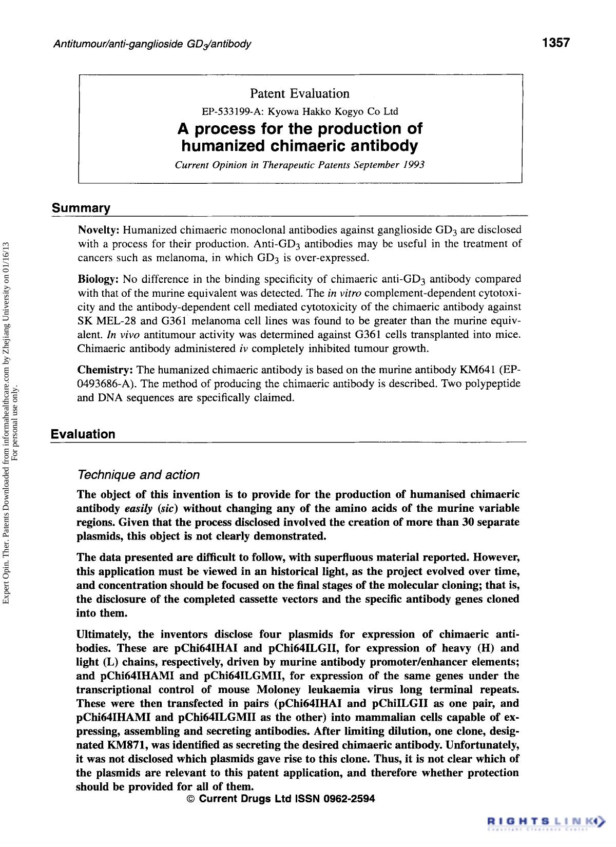 Patent Evaluation: A process for the production of humanized chimaeric antibody by Unknown