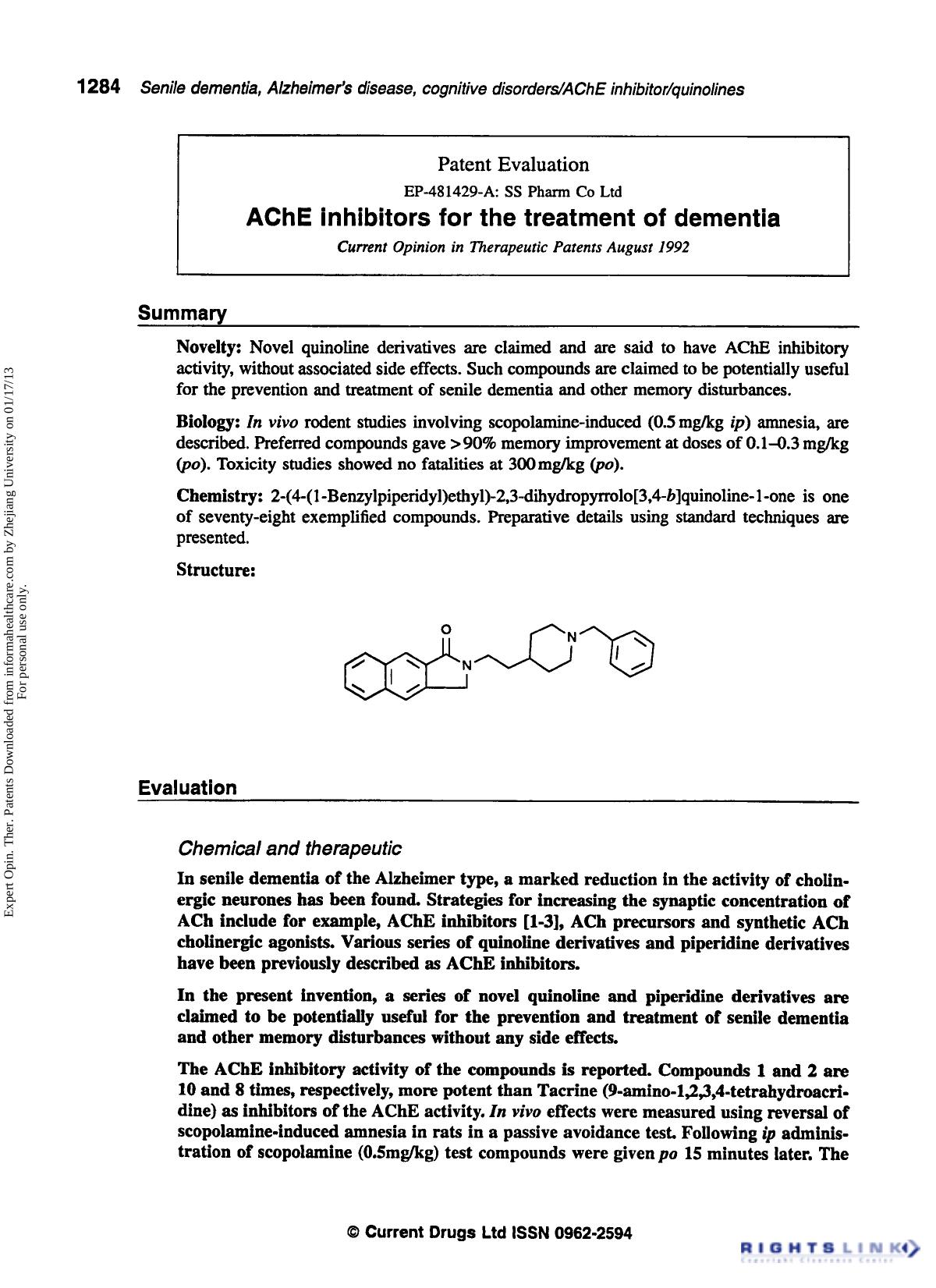 Patent Evaluation: AChE Inhibitors for the Treatment of Dementia by Unknown