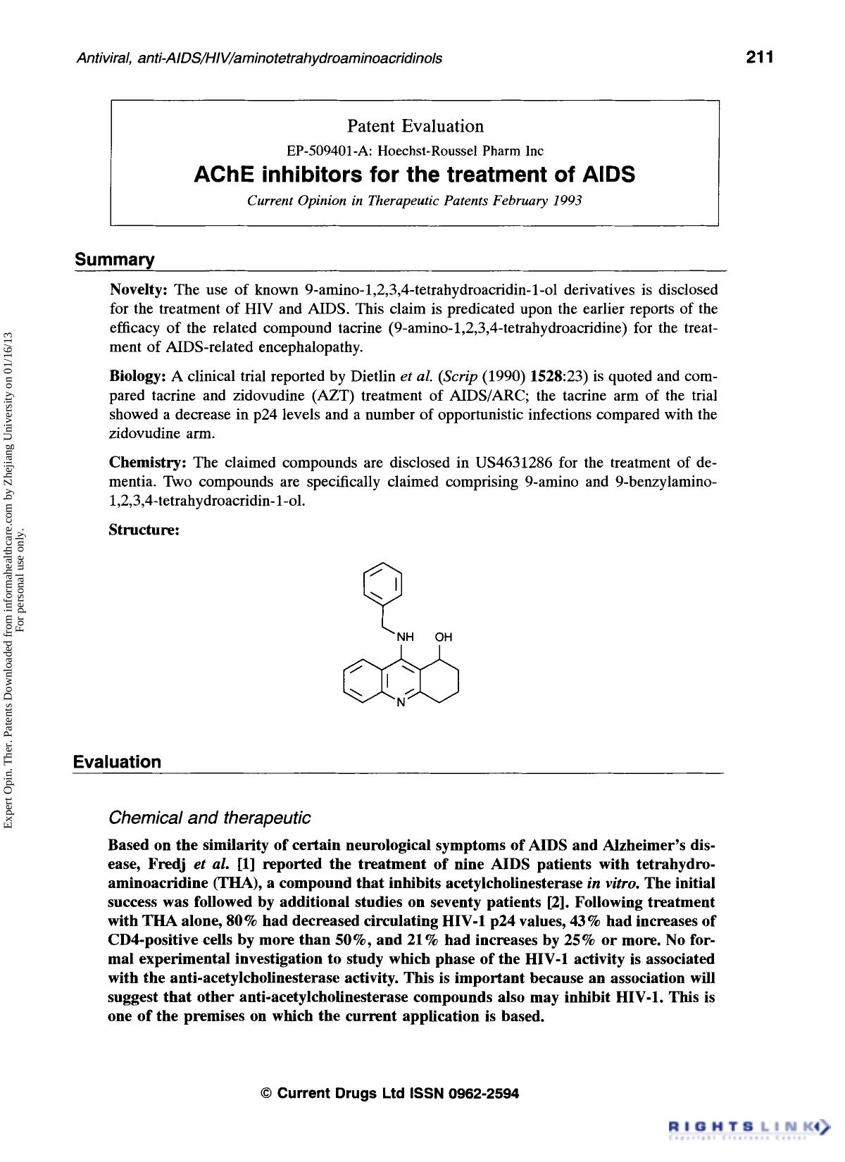 Patent Evaluation: AChE inhibitors for the treatment of AIDS by Unknown