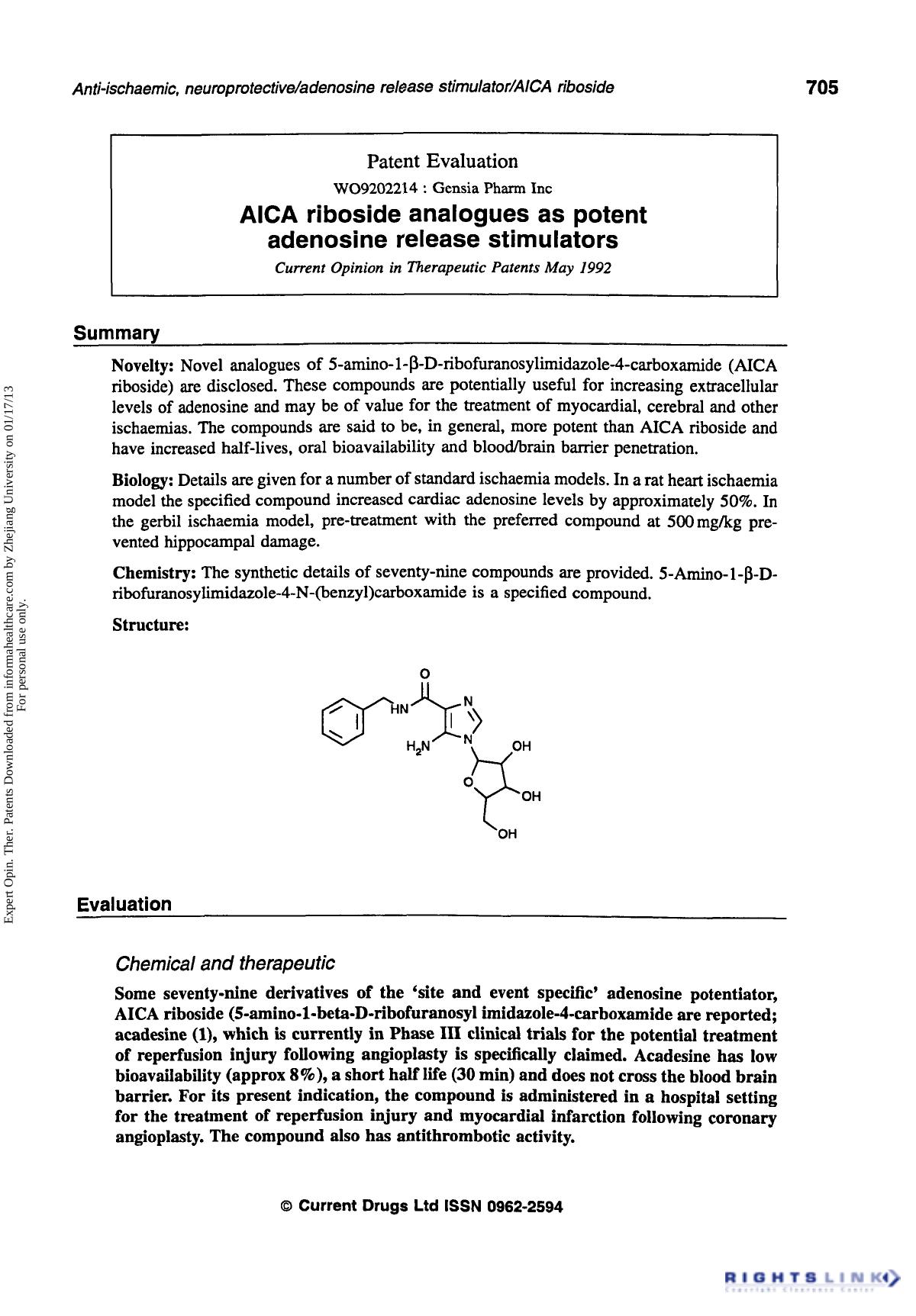 Patent Evaluation: AICA Riboside Analogues as Potent Adenosine Release Stimulators by Unknown