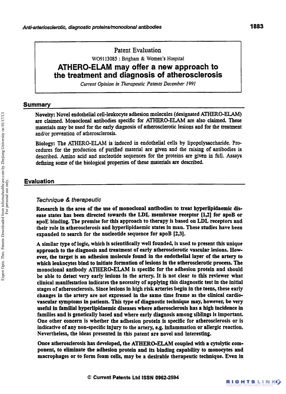 Patent Evaluation: ATHERO-ELAM May Offer a New Approach to the Treatment and Diagnosis of Atherosclerosis by Unknown