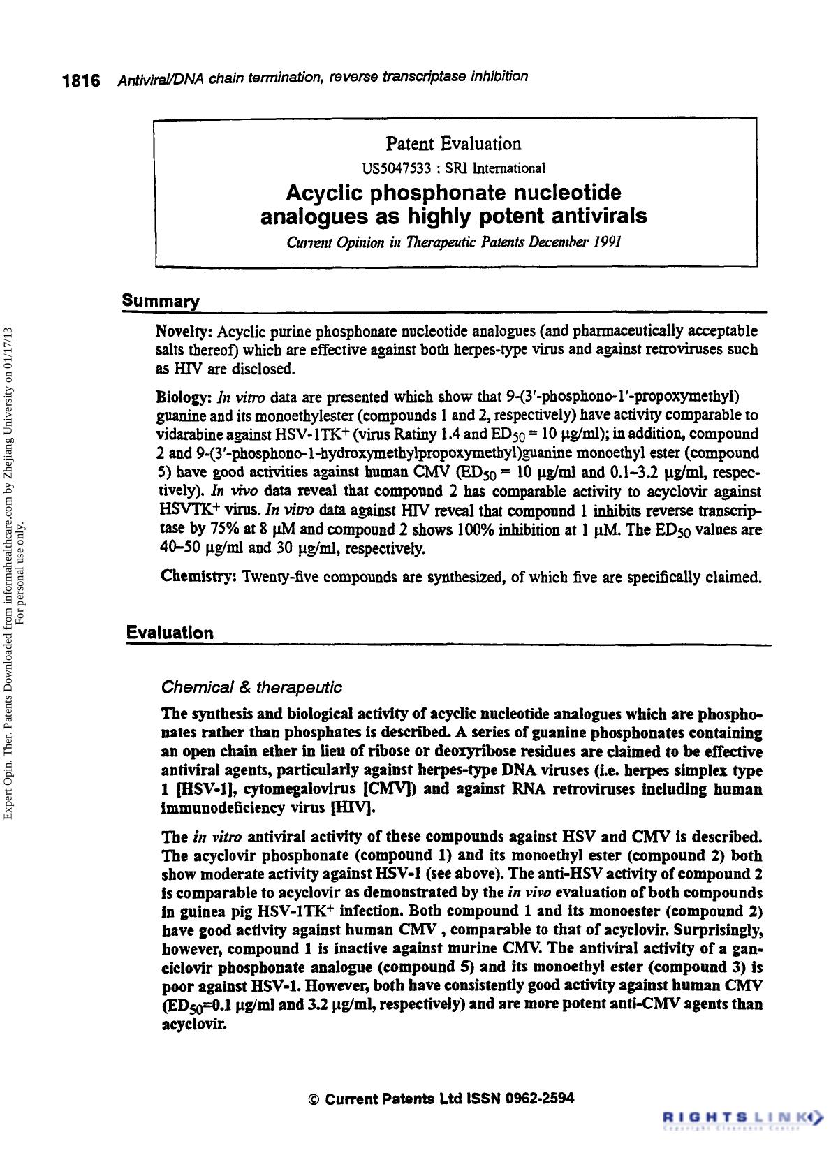 Patent Evaluation: Acyclic Phosphonate Nucleotide Analogues as Highly Potent Antivirals by Unknown